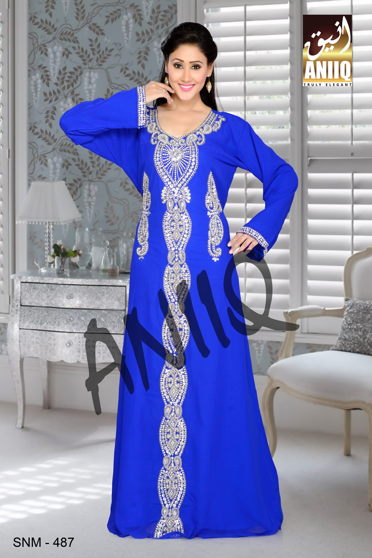 Royal Blue   Embroidered   Faux Georgette   Kaftan