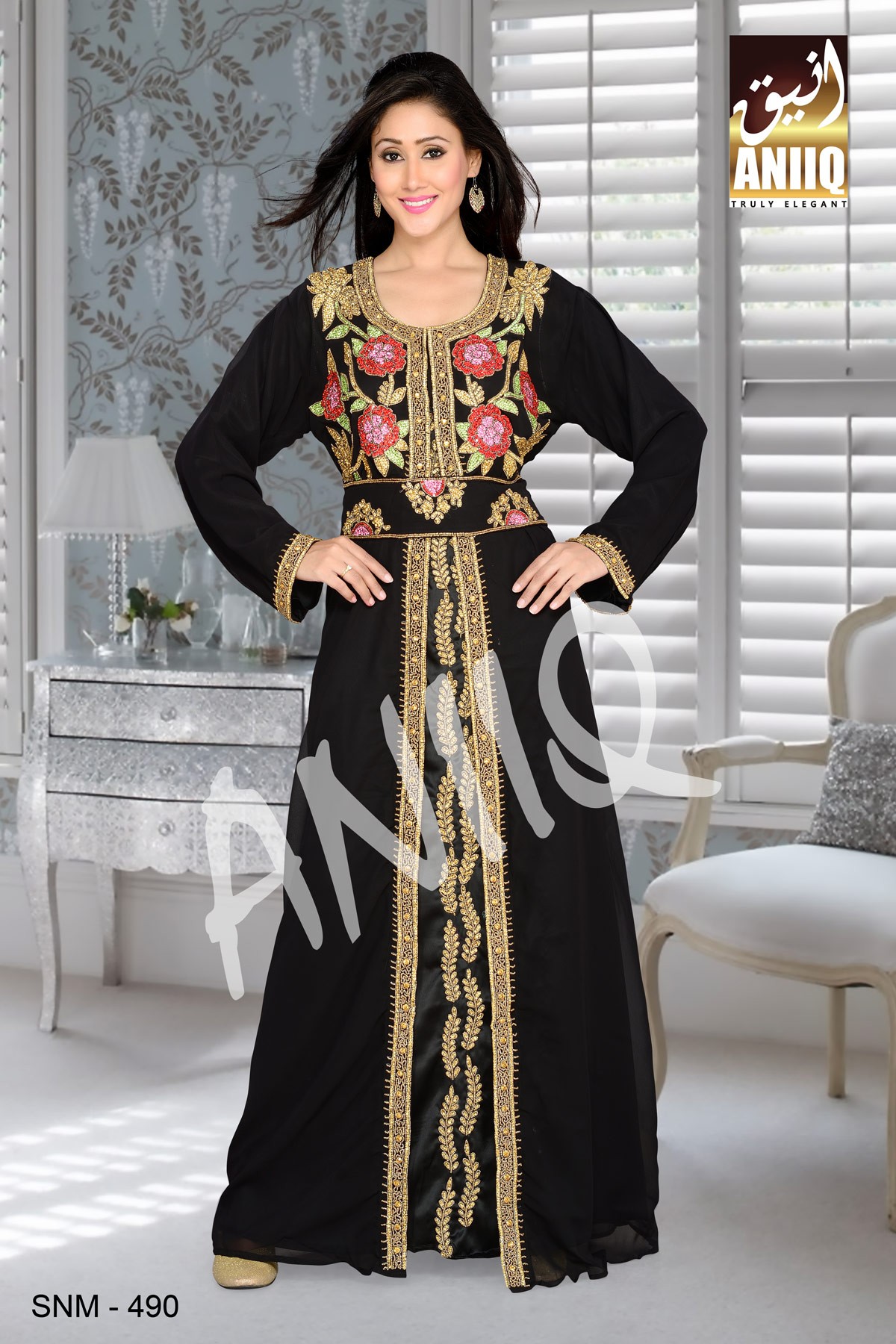 Black   Embroidered   Faux Georgette   Kaftan