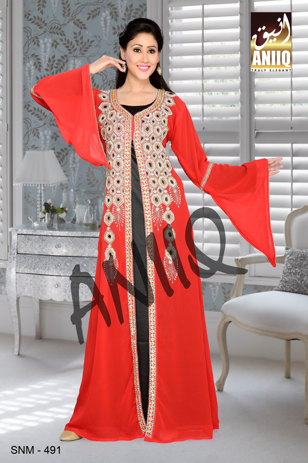 Red And Black Satin   Embroidered   Faux Georgette   Kaftan