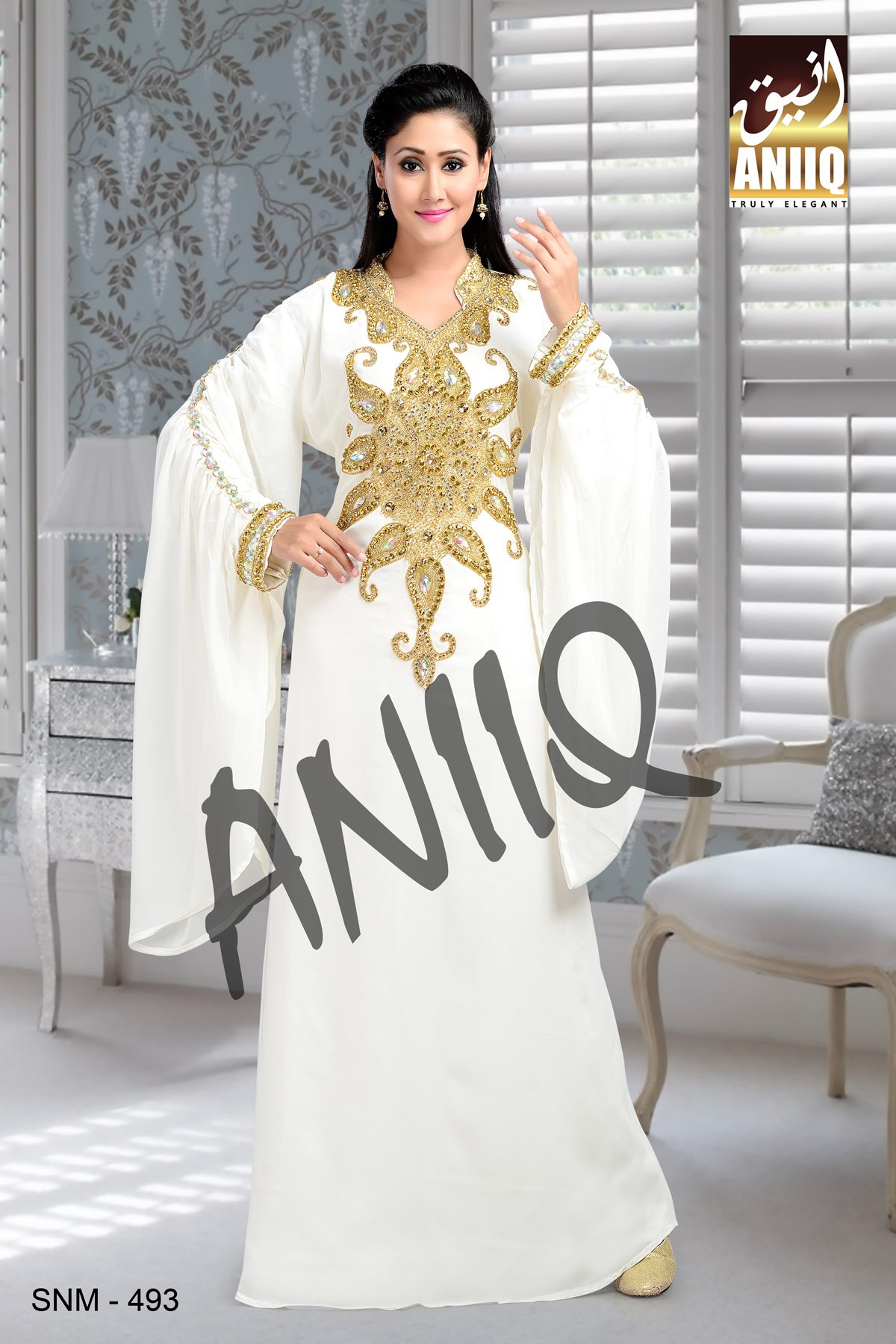 Off White   Embroidered   Faux Georgette   Kaftan