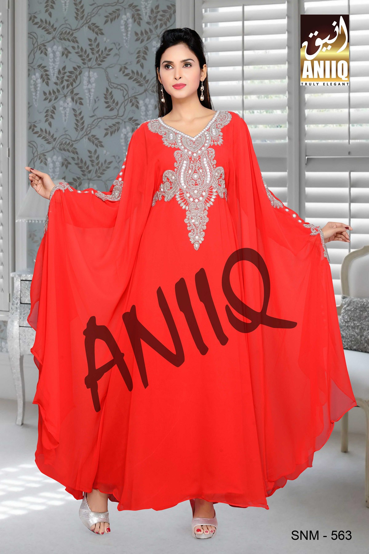 Red  Embroidered  Faux Georgette  Kaftan