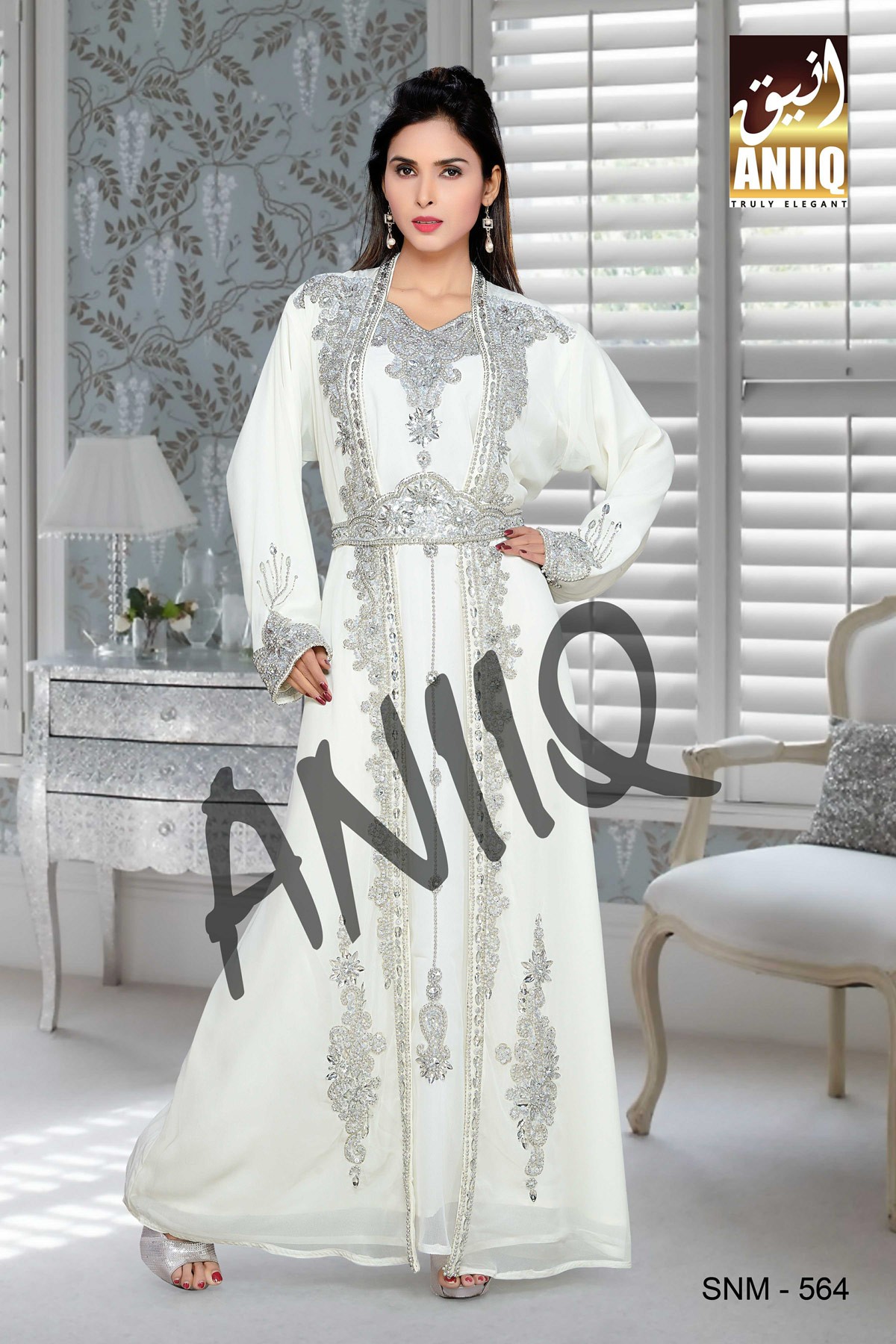 Off White  Embroidered  Faux Georgette  Kaftan