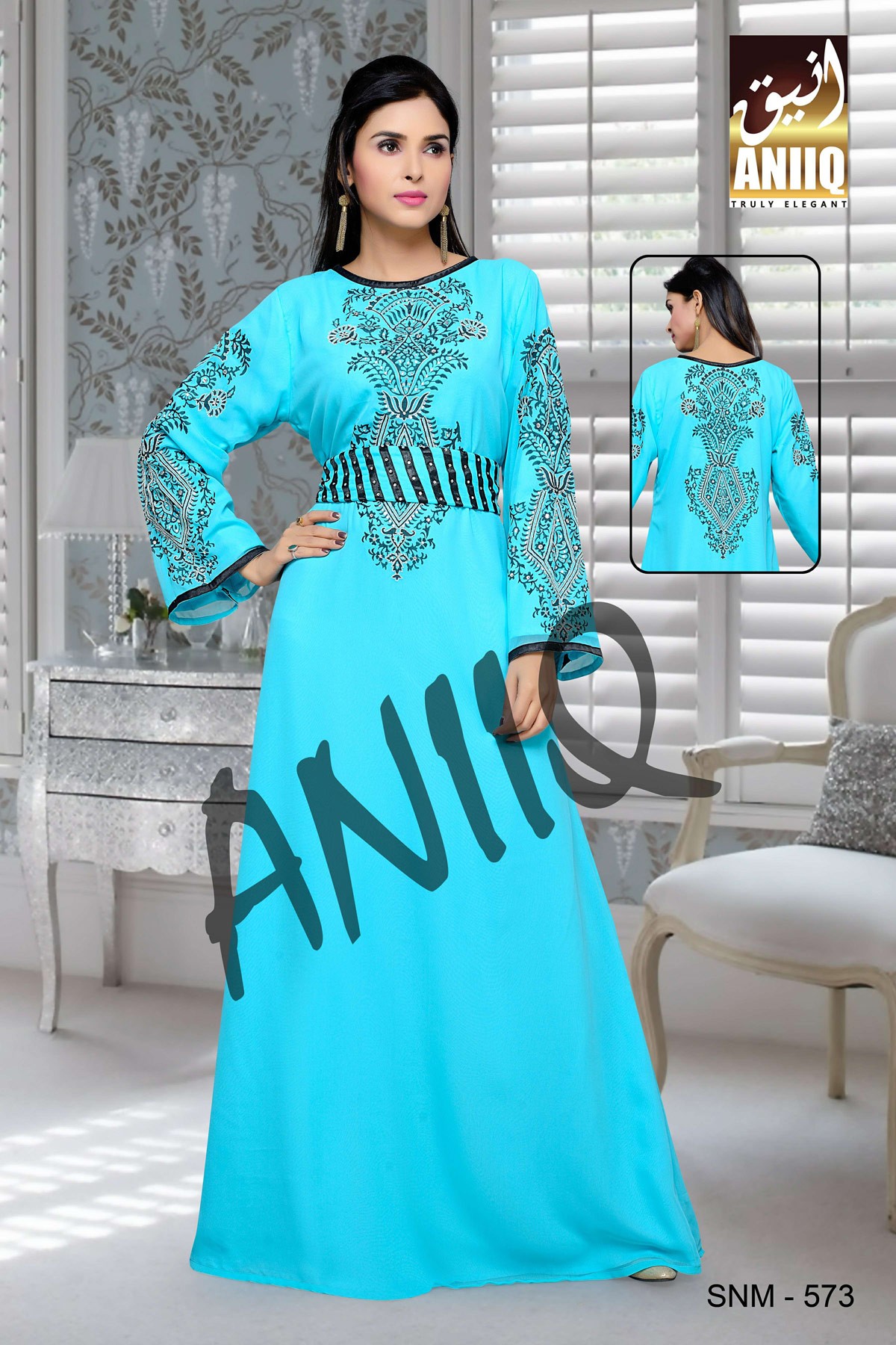 Blue  Embroidered  Faux Georgette  Kaftan