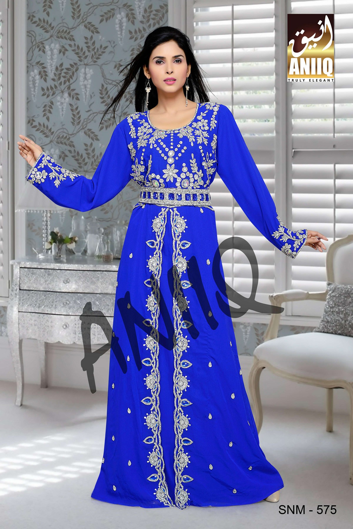 Royal Blue  Embroidered  Faux Georgette  Kaftan