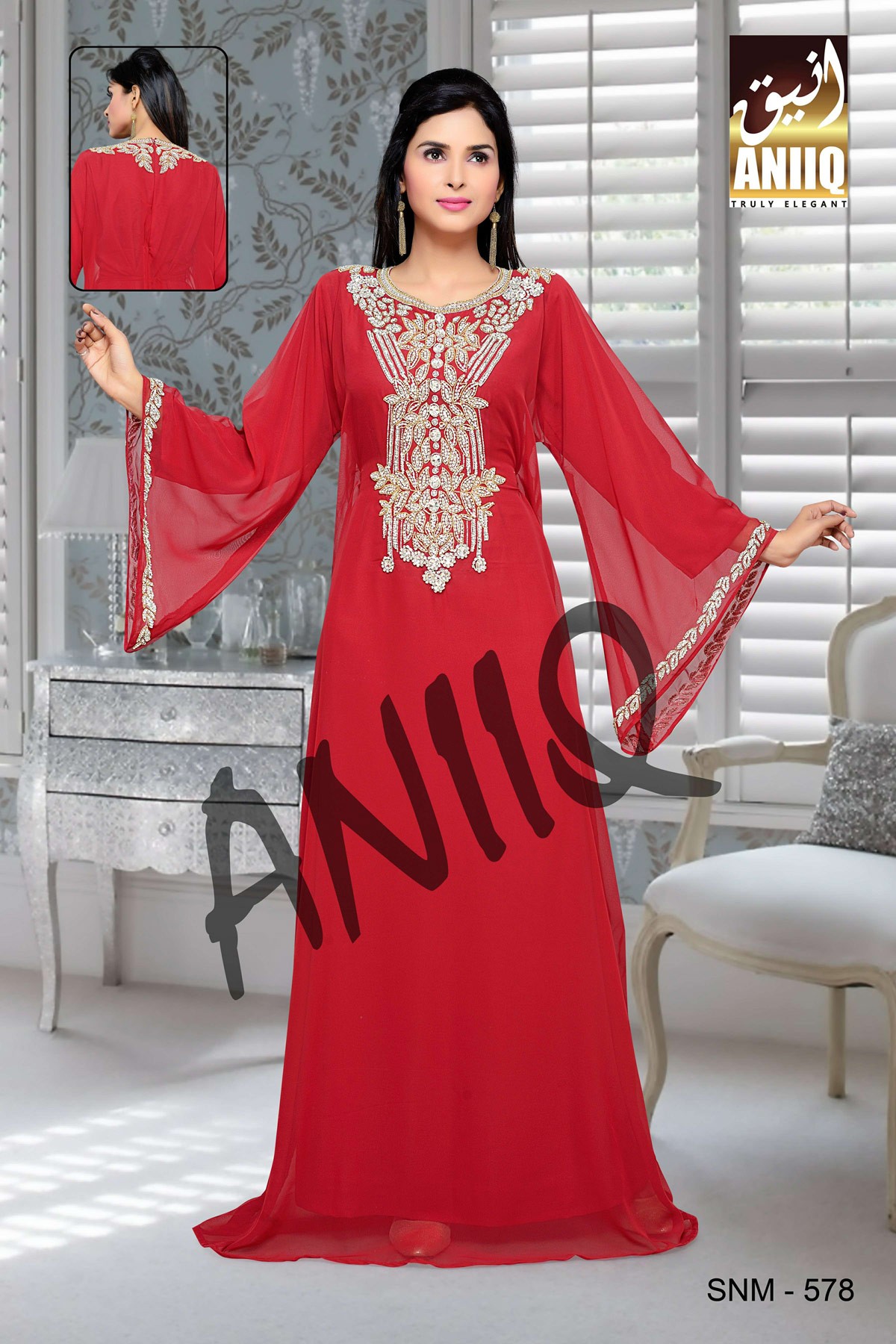 Red  Embroidered  Faux Georgette  Kaftan