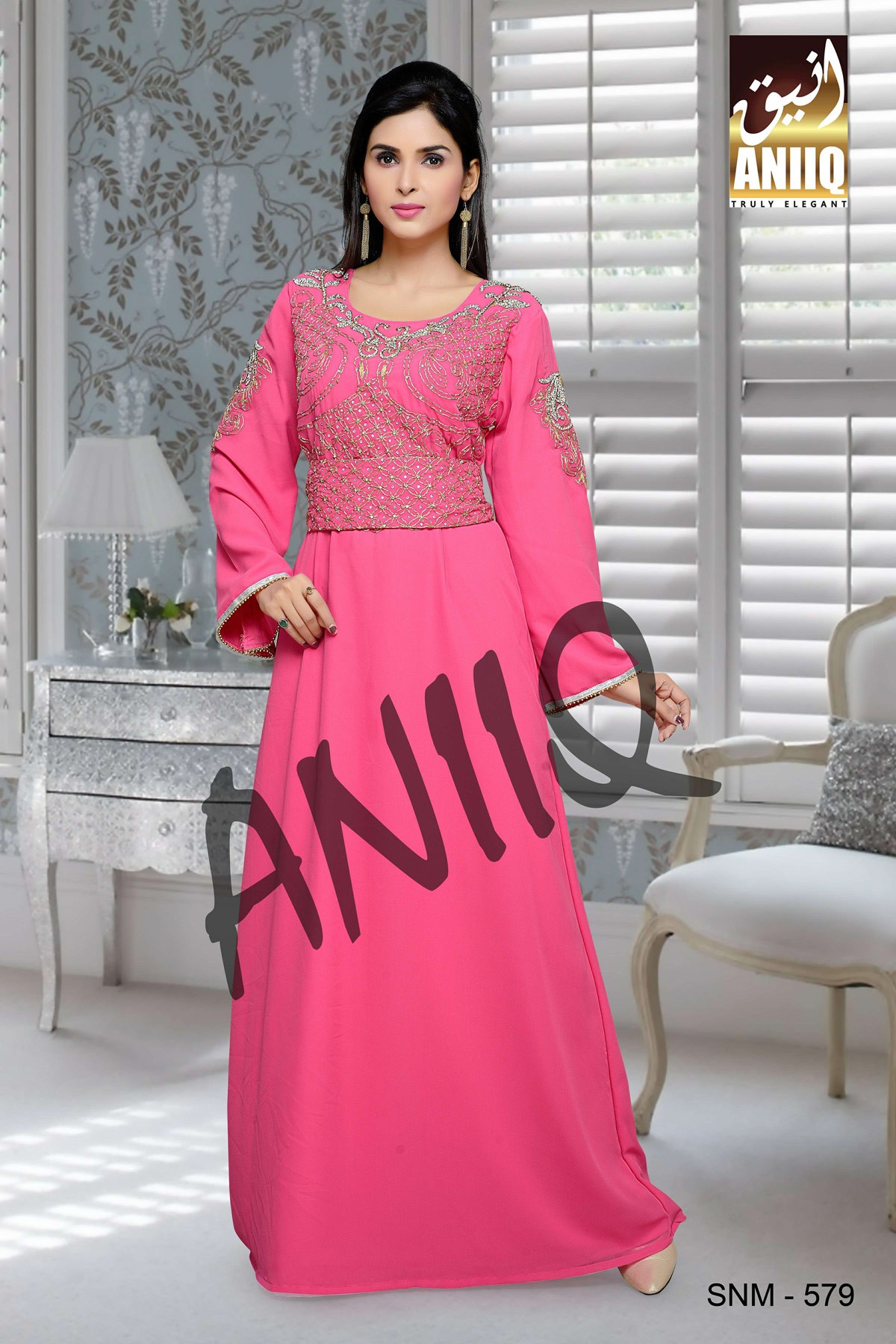 Pink  Embroidered  Faux Georgette  Kaftan