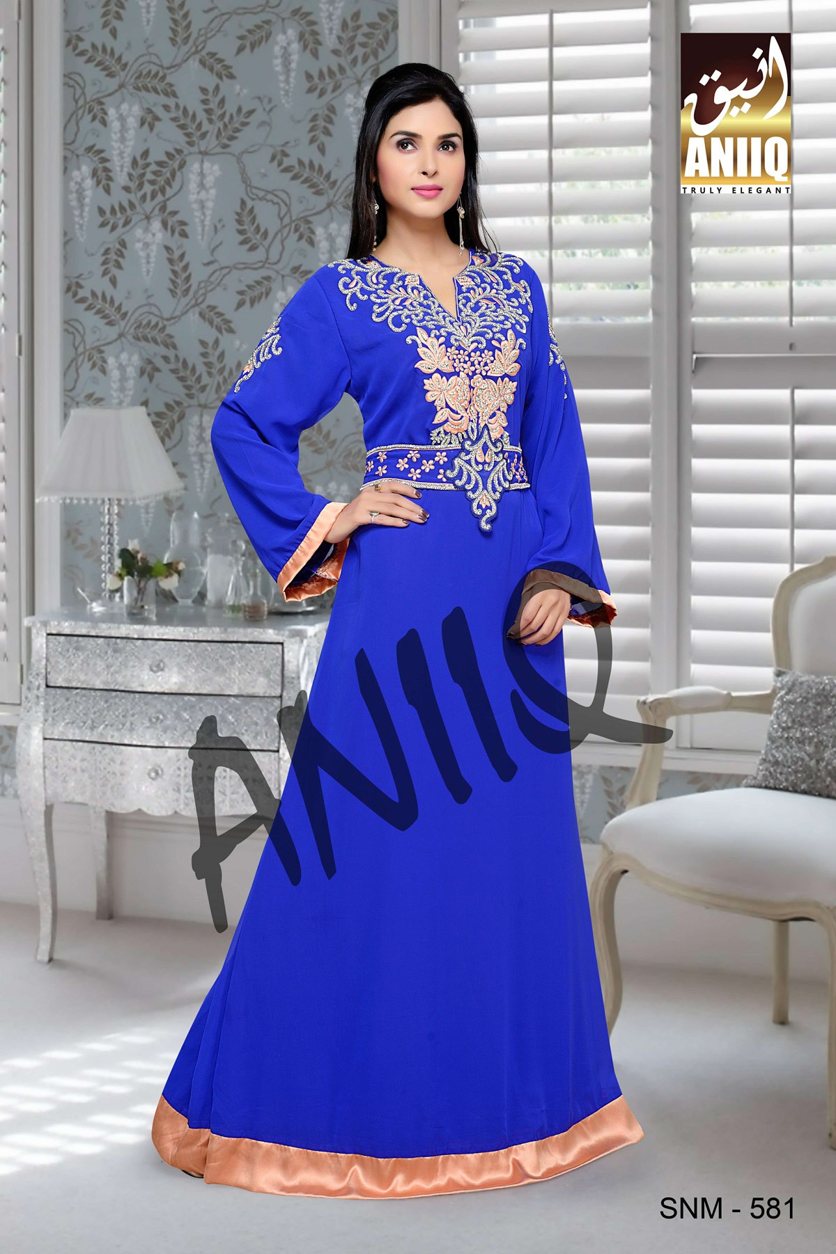 Royal Blue  Embroidered  Faux Georgette  Kaftan