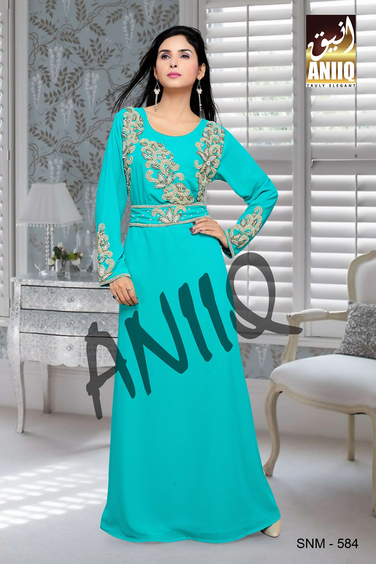 Sea Green  Embroidered  Faux Georgette  Kaftan