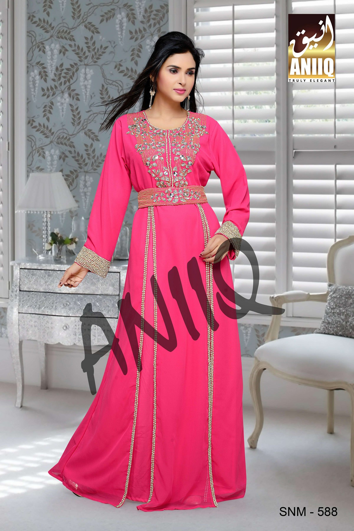 Fuchsia Pink  Embroidered  Faux Georgette  Kaftan