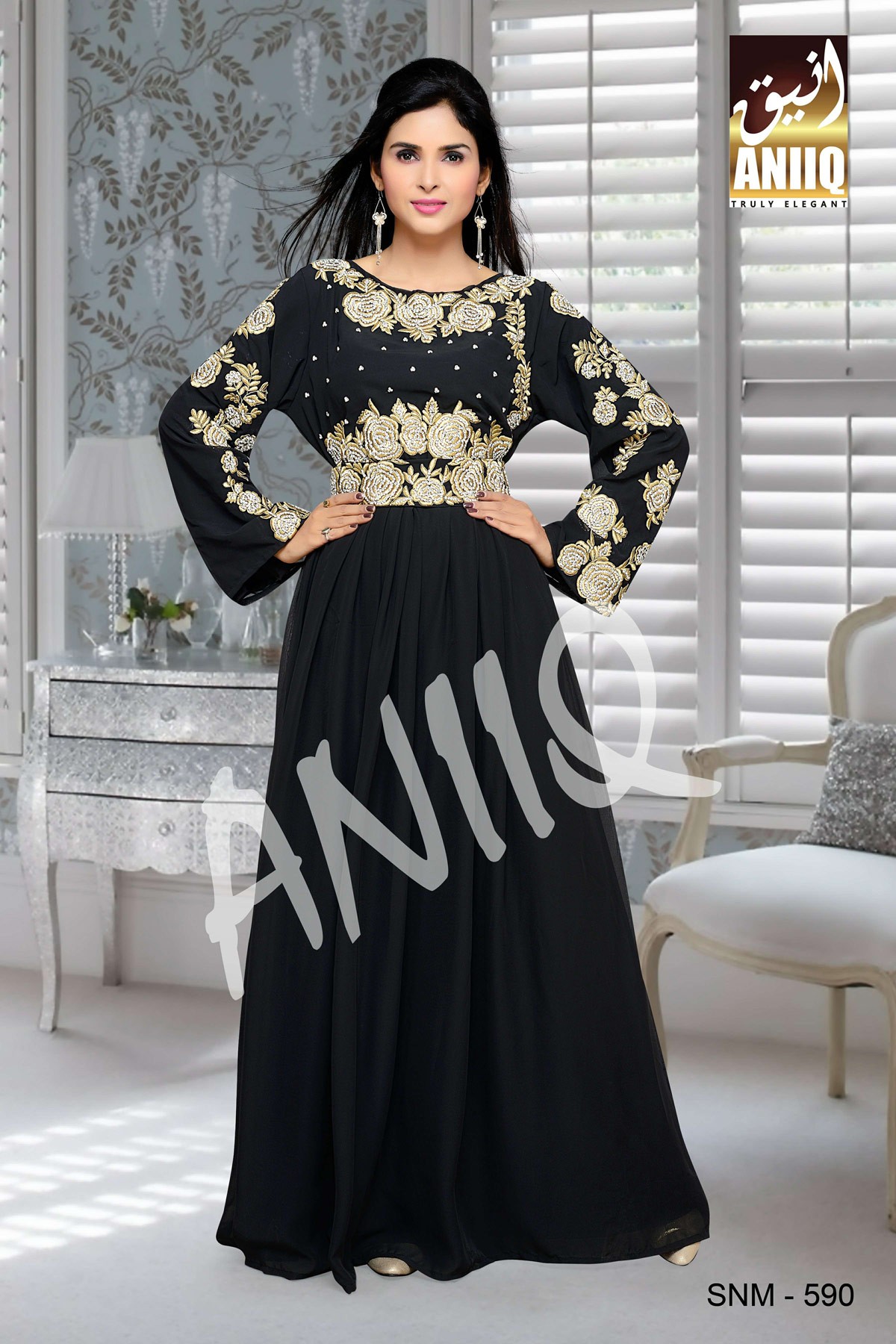 Black  Embroidered  Faux Georgette  Kaftan