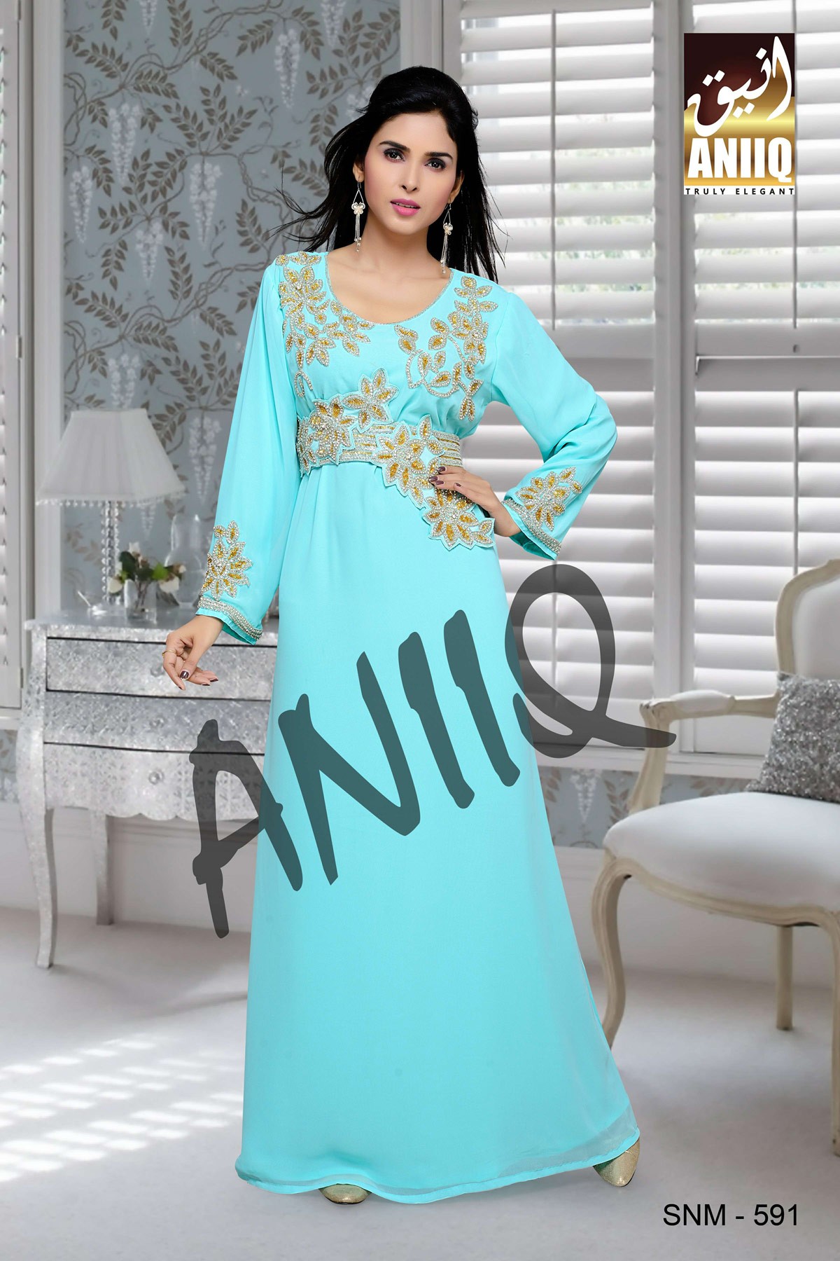 Blue  Embroidered  Faux Georgette  Kaftan