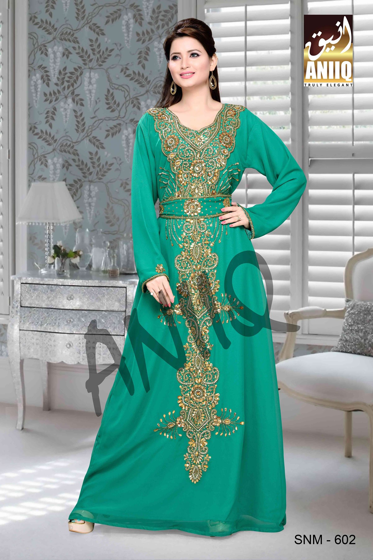 Green  Embroidered  Faux Georgette  Kaftan