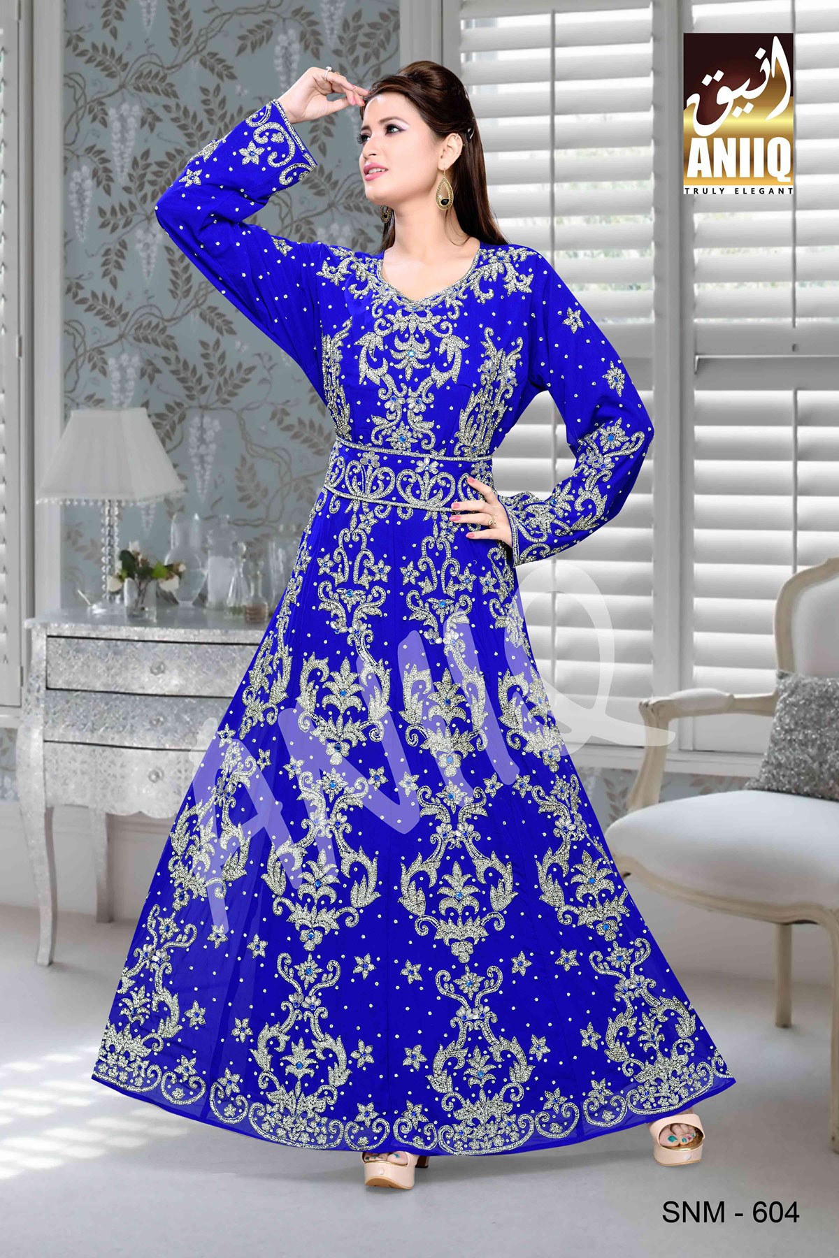 Royal Blue  Embroidered  Faux Georgette  Kaftan