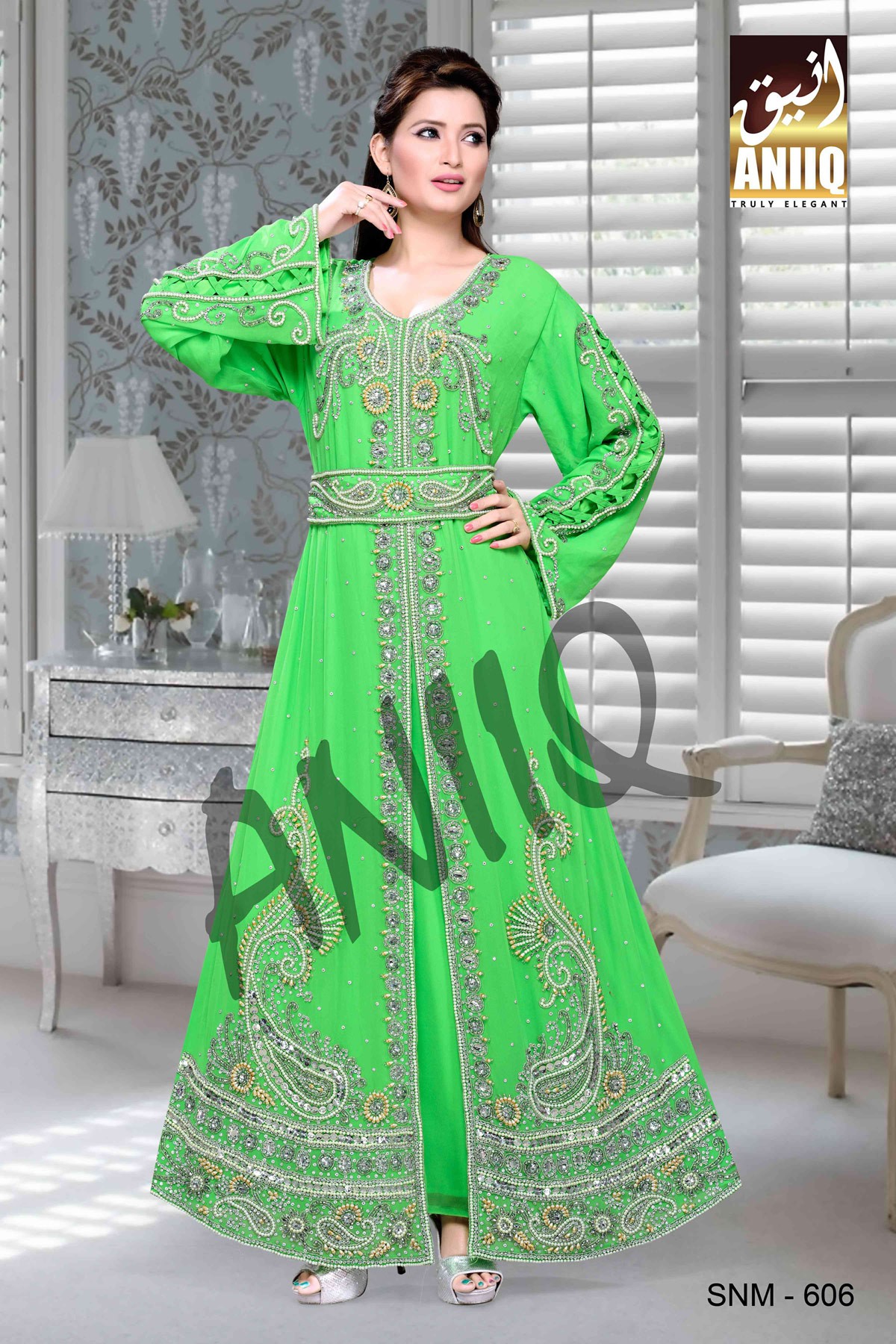 Parrot Green  Embroidered  Faux Georgette  Kaftan