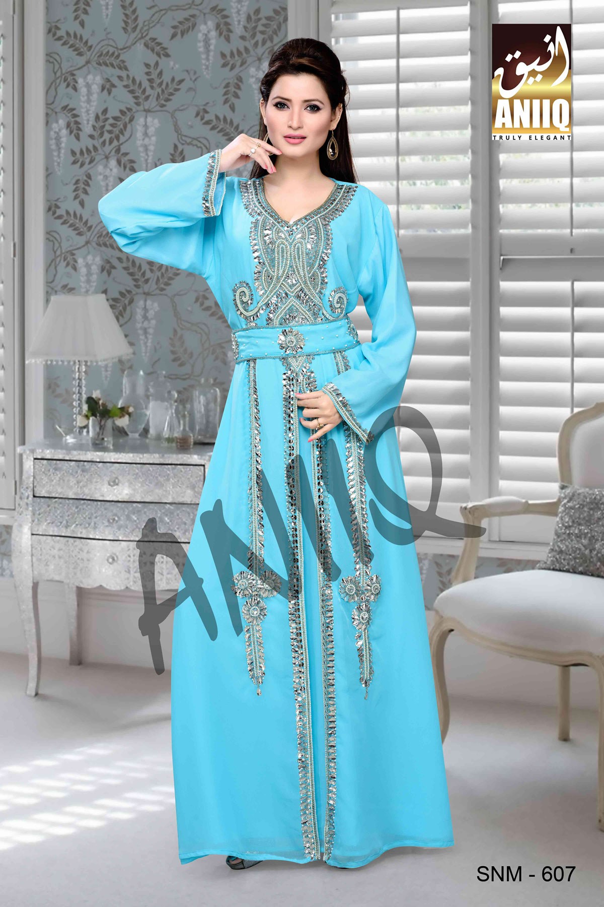 Sky Blue  Embroidered  Faux Georgette  Kaftan