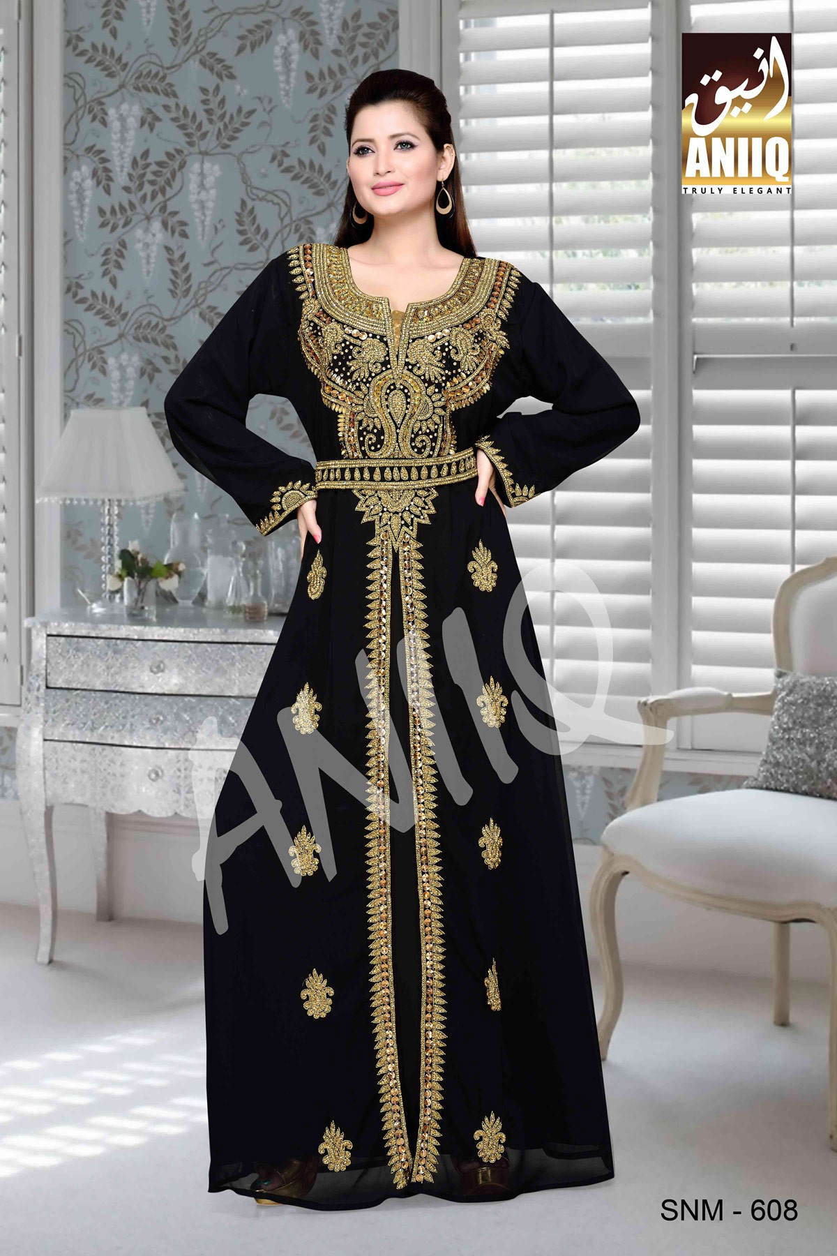 Black  Embroidered  Faux Georgette  Kaftan