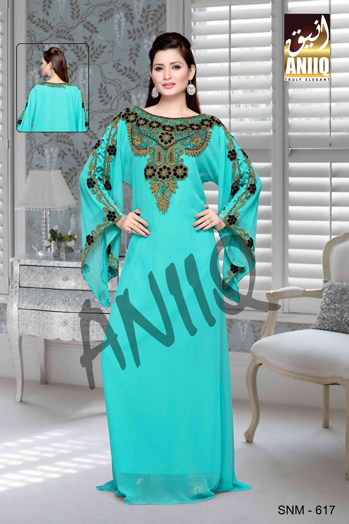 Sky Blue  Embroidered  Faux Georgette  Kaftan