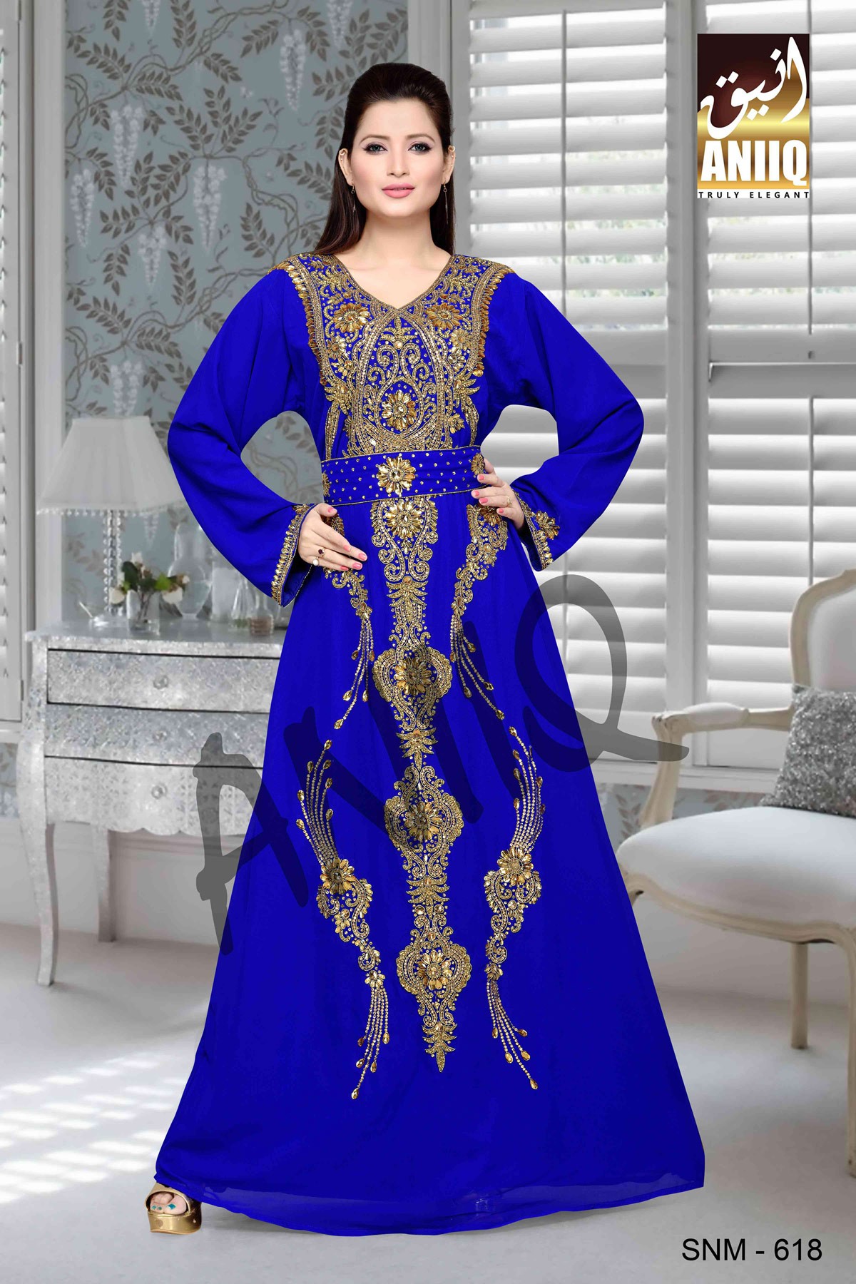 Royal Blue  Embroidered  Faux Georgette  Kaftan