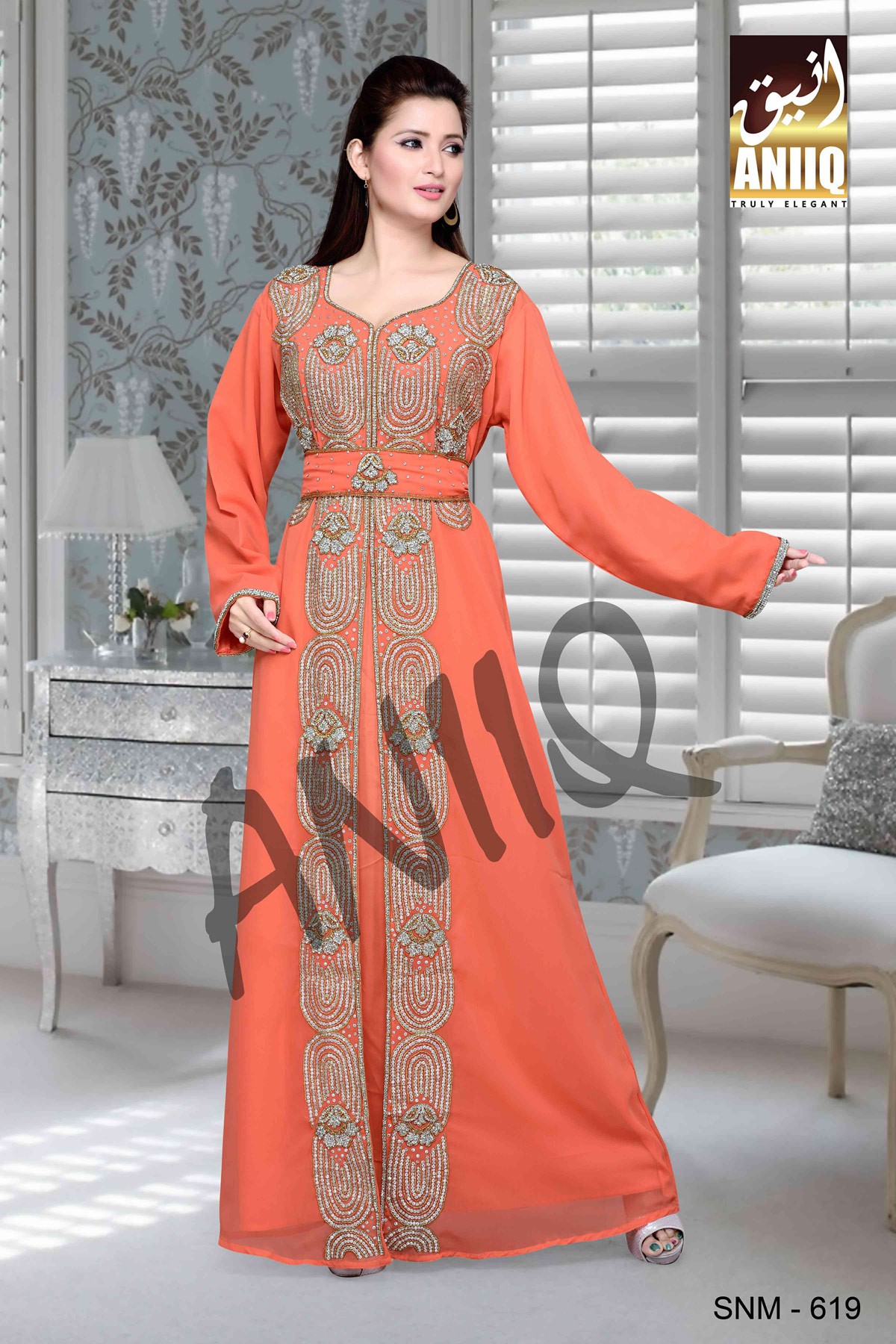 Coral  Embroidered  Faux Georgette  Kaftan