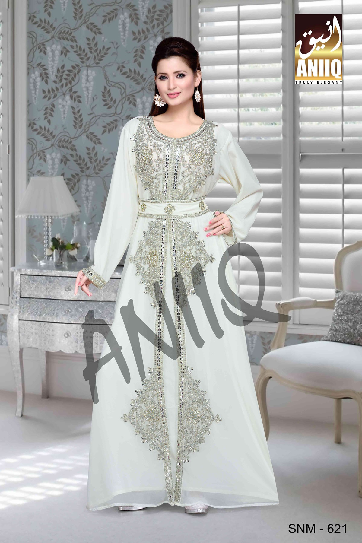 Off White  Embroidered  Faux Georgette  Kaftan