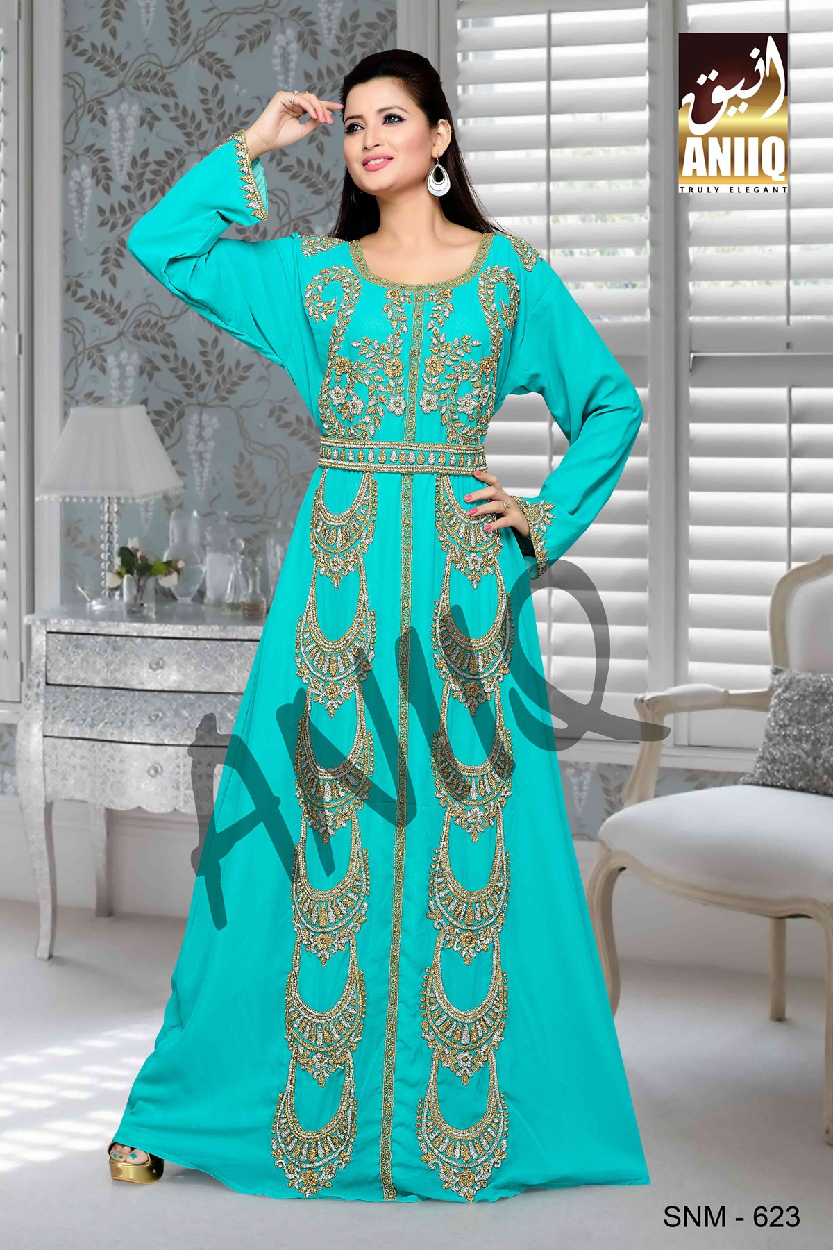 Turquoise Blue  Embroidered  Faux Georgette  Kaftan