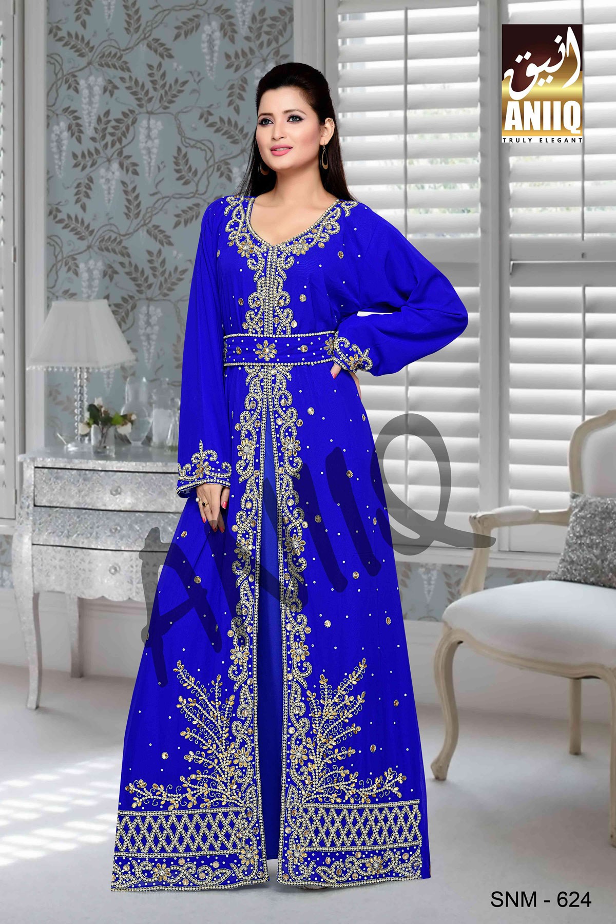 Royal Blue  Embroidered  Faux Georgette  Kaftan