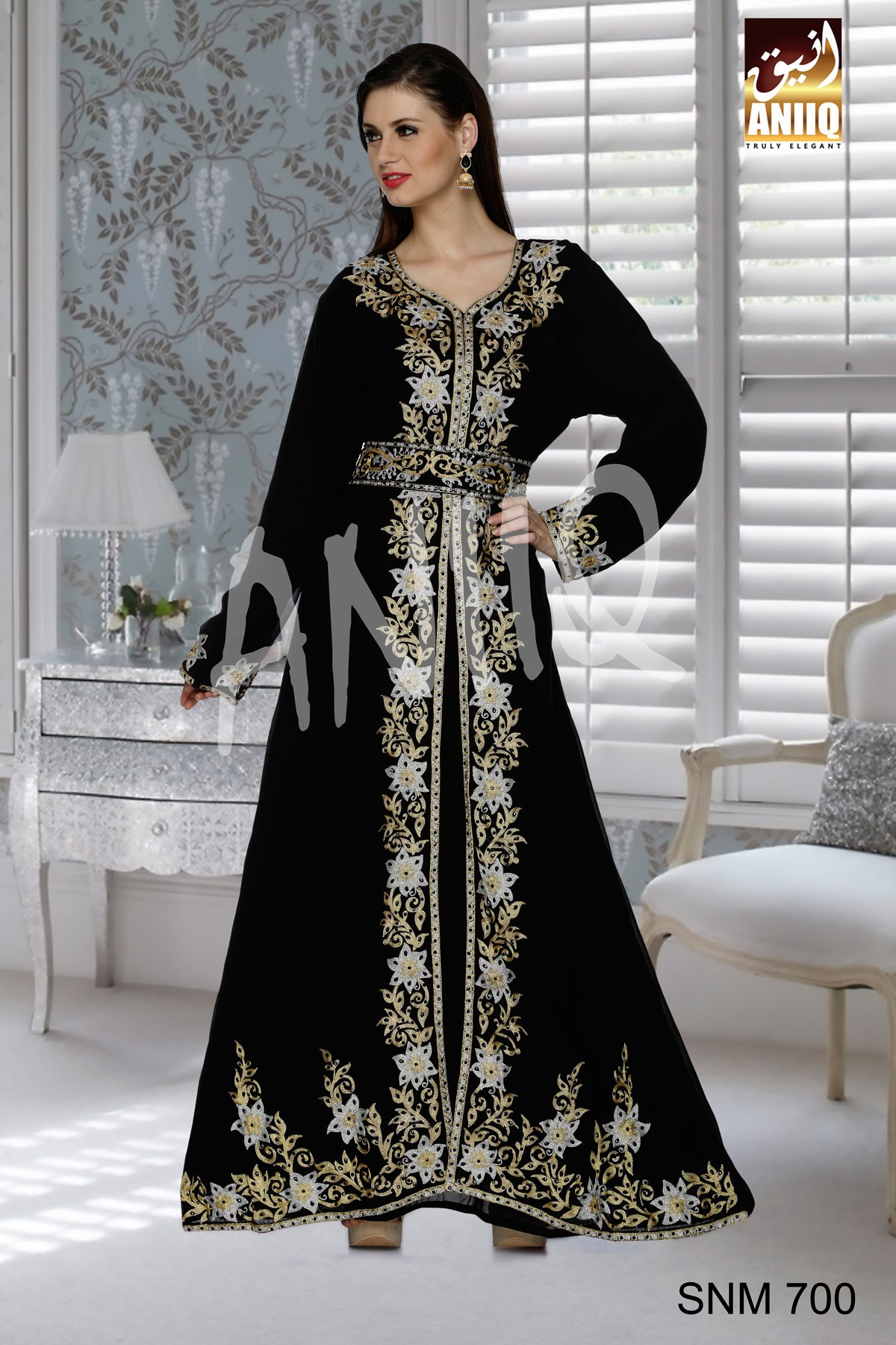 Black   Embroidered   Faux Georgette   Kaftan