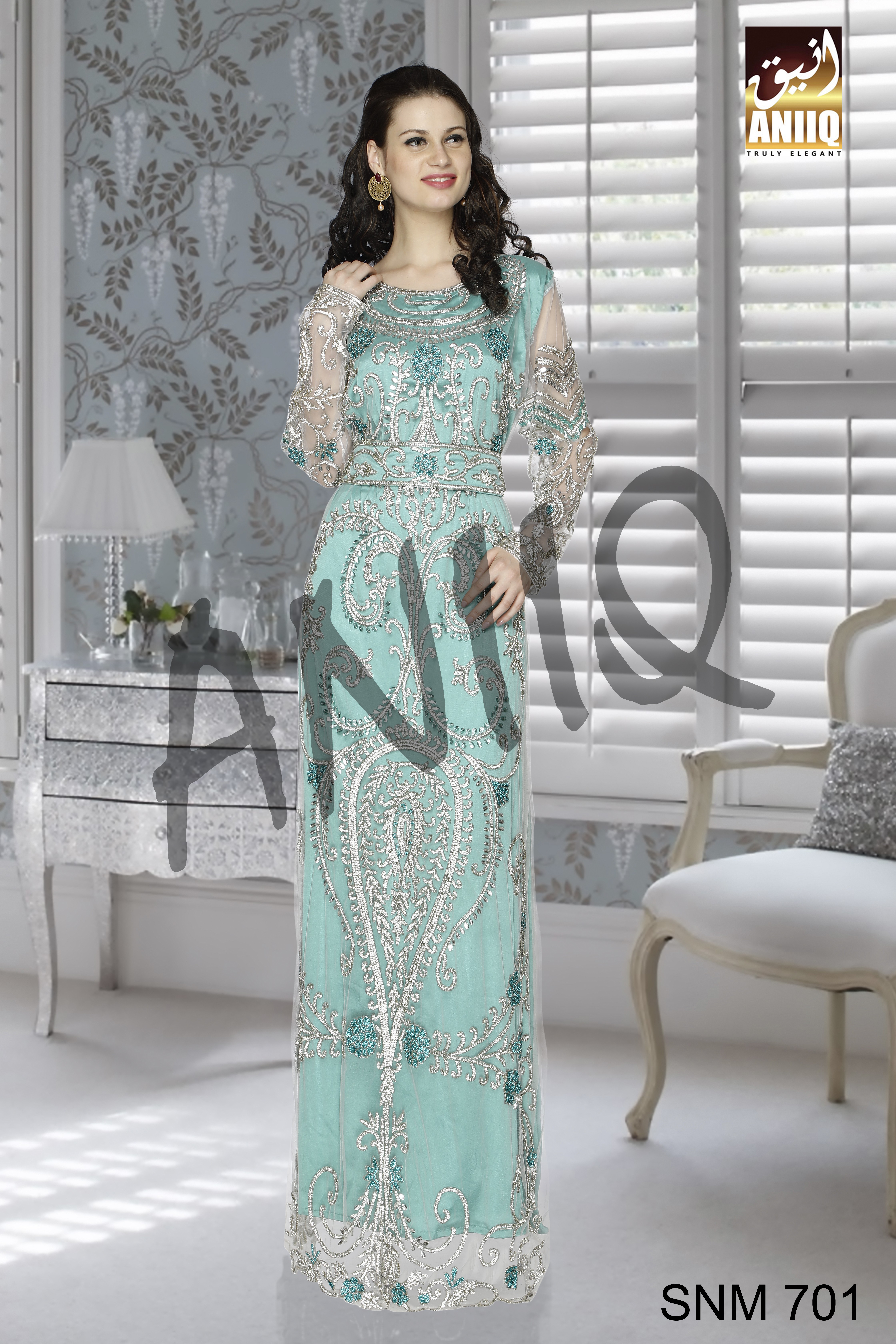 Sea Green   Embroidered   Net And Satin   Kaftan