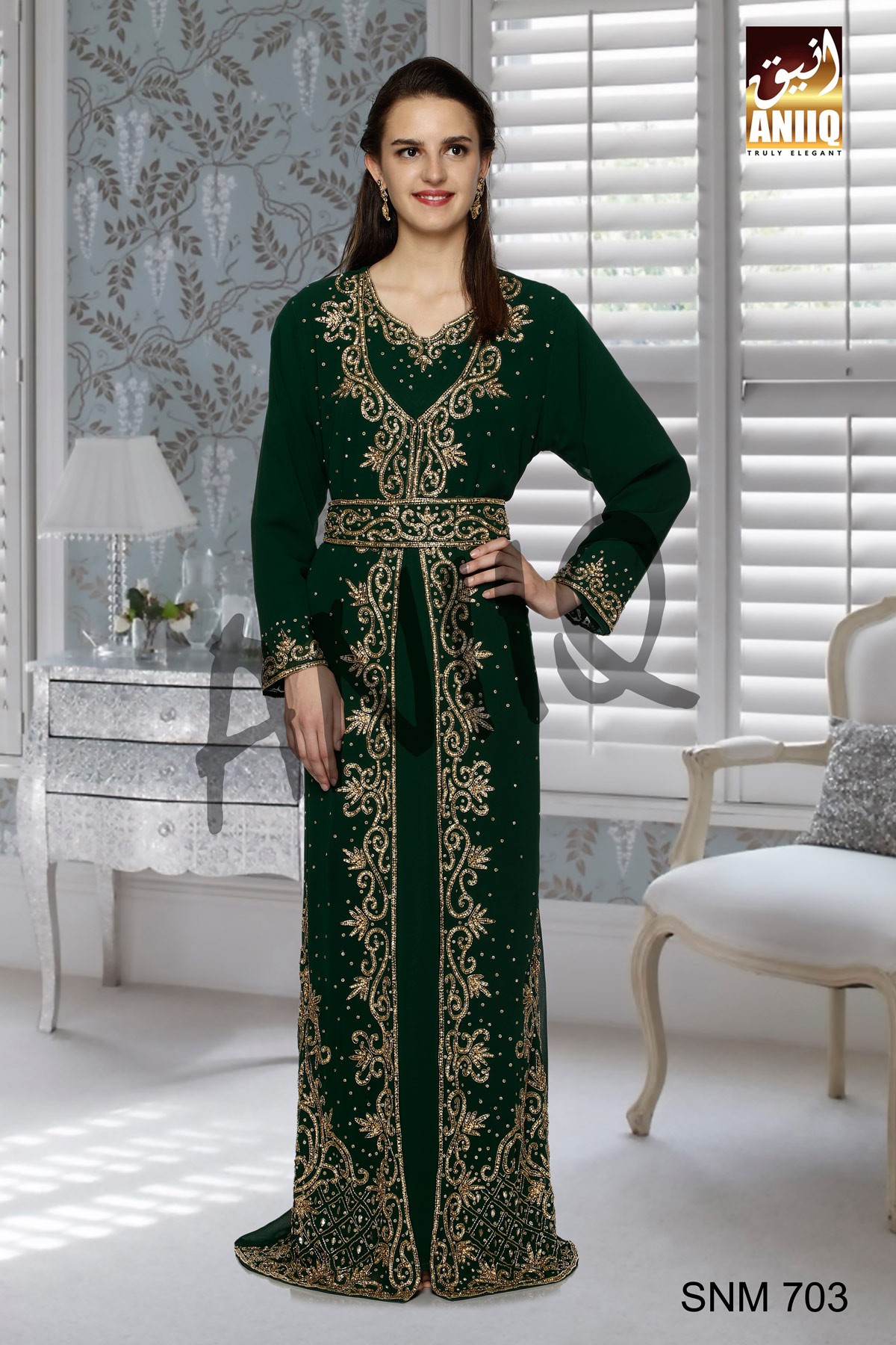 Bottle Green   Embroidered   Faux Georgette   Kaftan