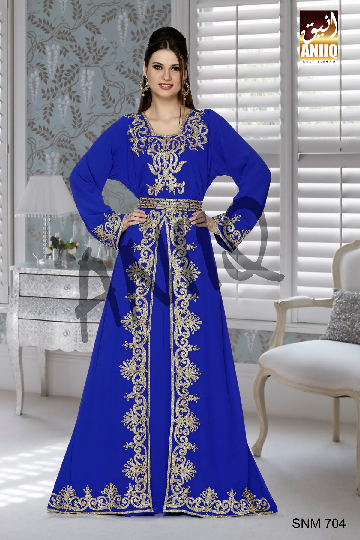 Royal Blue   Embroidered   Faux Georgette   Kaftan