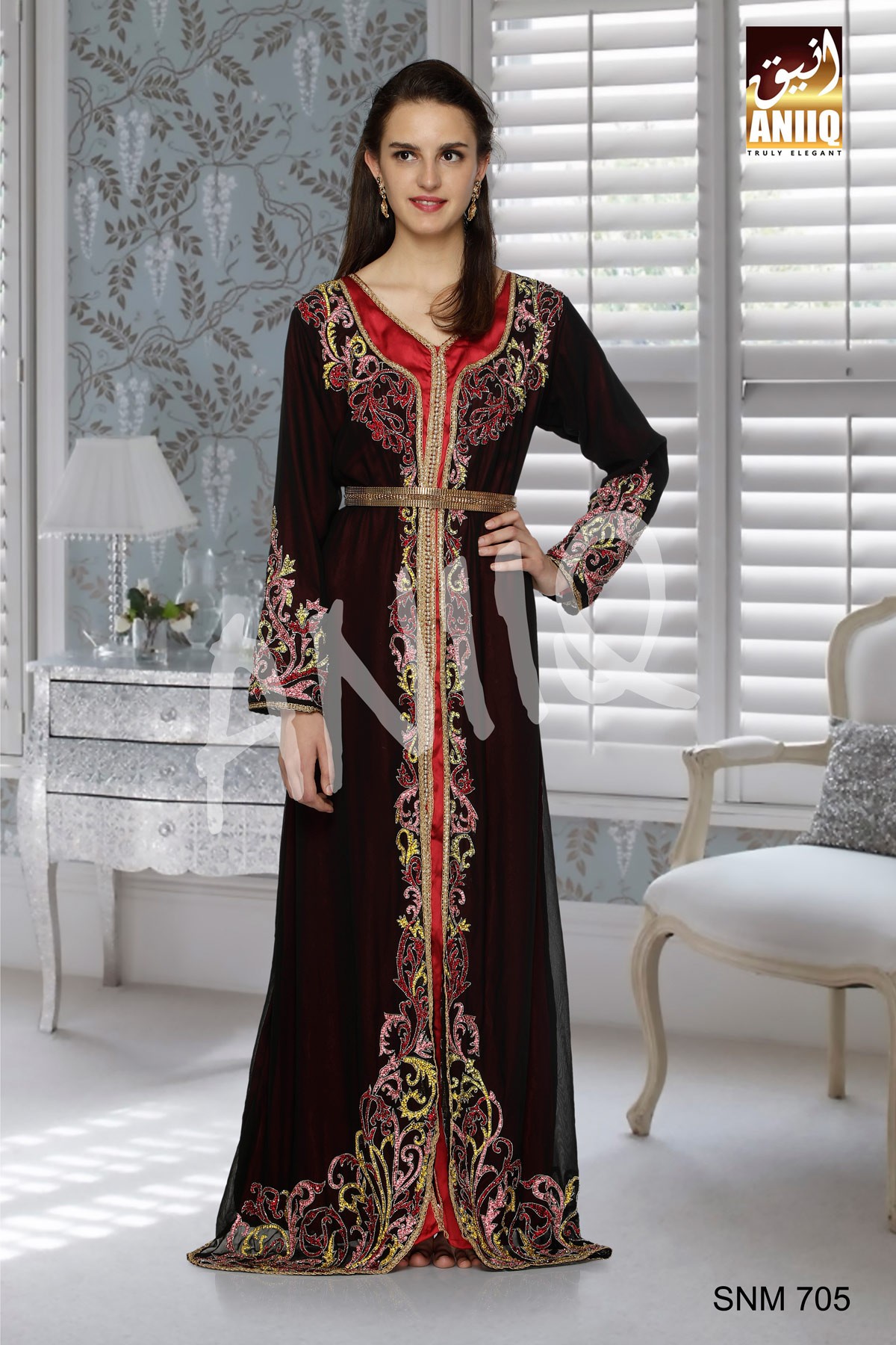 Black And Red Satin   Embroidered   Faux Georgette And Satin   Kaftan