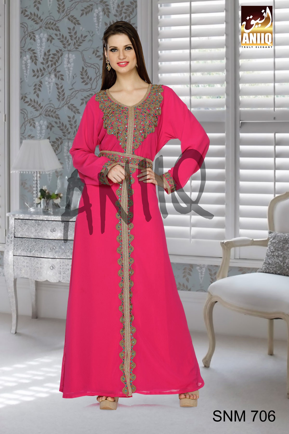 Fuchsia Pink   Embroidered   Faux Georgette   Kaftan