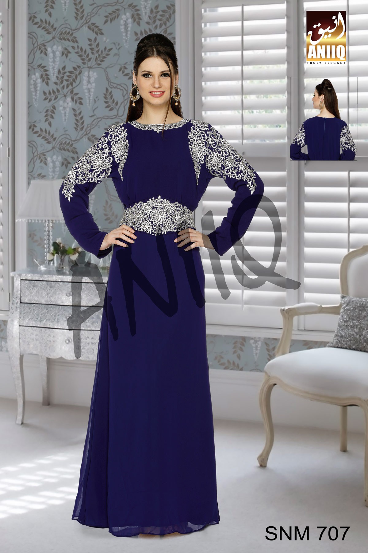 Navy Blue   Embroidered   Faux Georgette   Kaftan