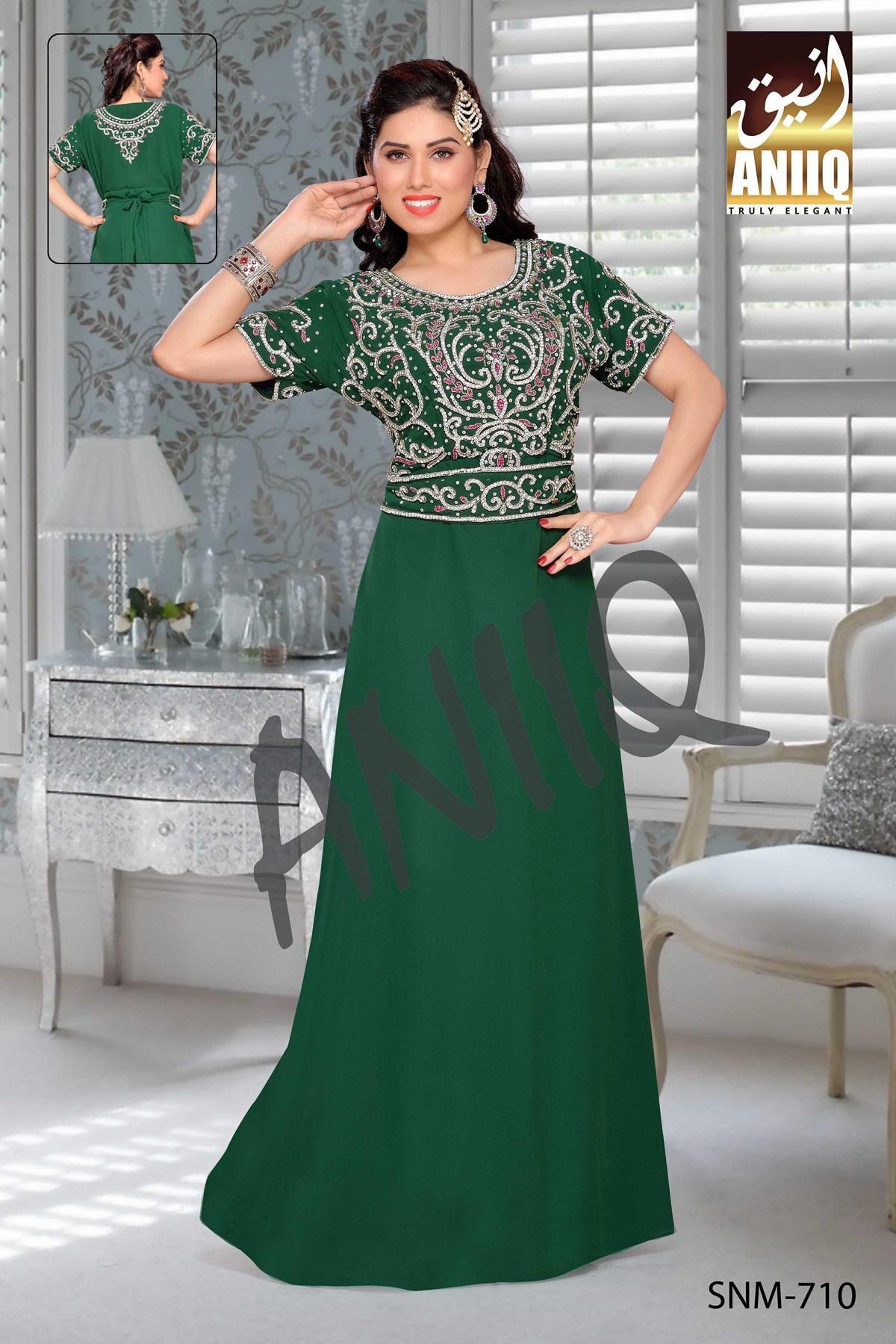 Bottle Green   Embroidered   Faux Georgette   Kaftan