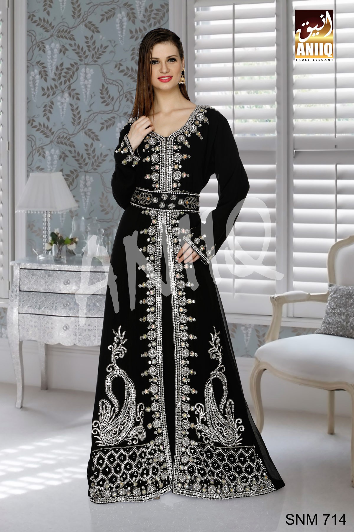 Black   Embroidered   Faux Georgette   Kaftan