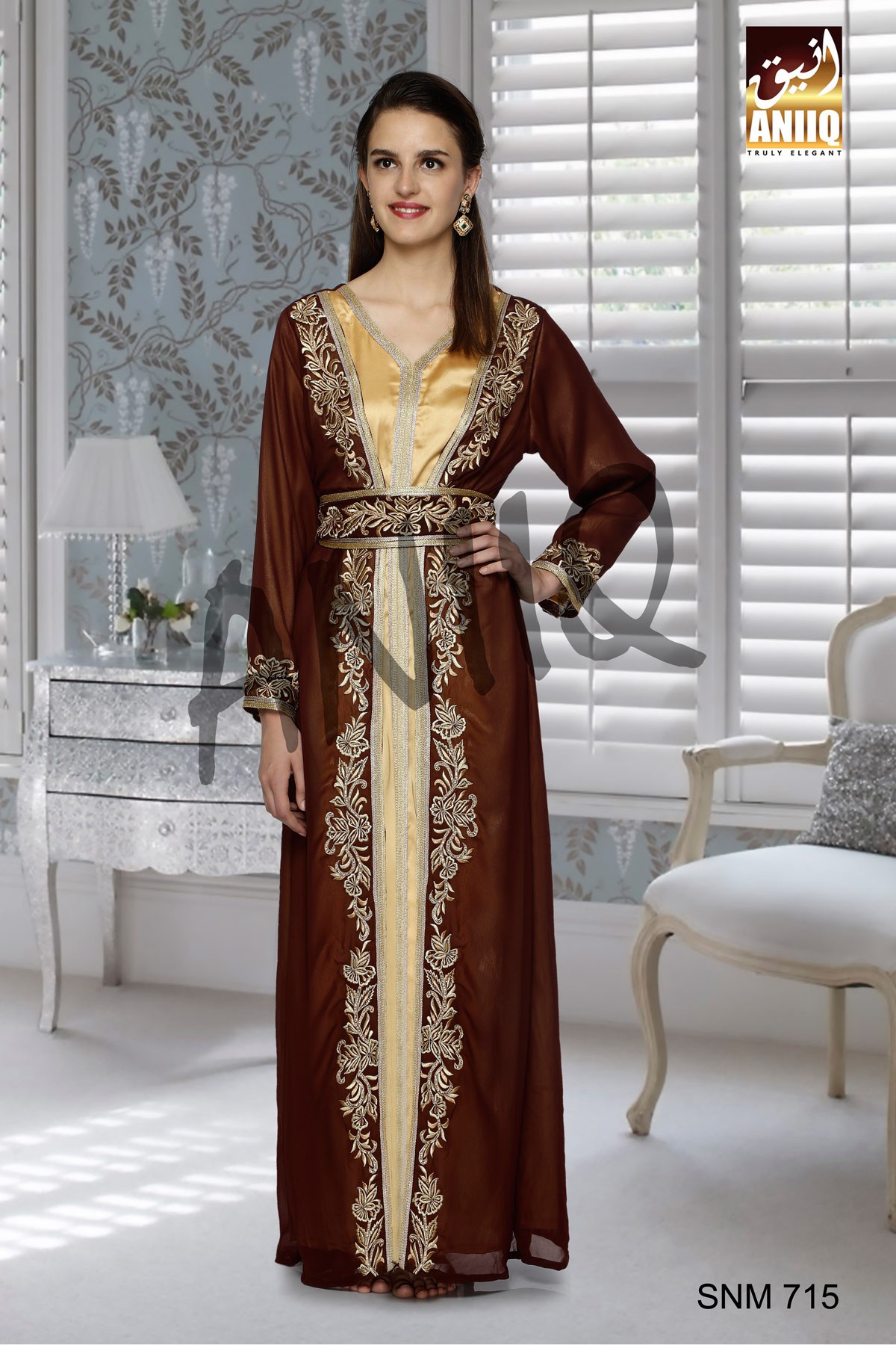 Brown And Golden Satin   Embroidered   Faux Georgette And Satin   Kaftan