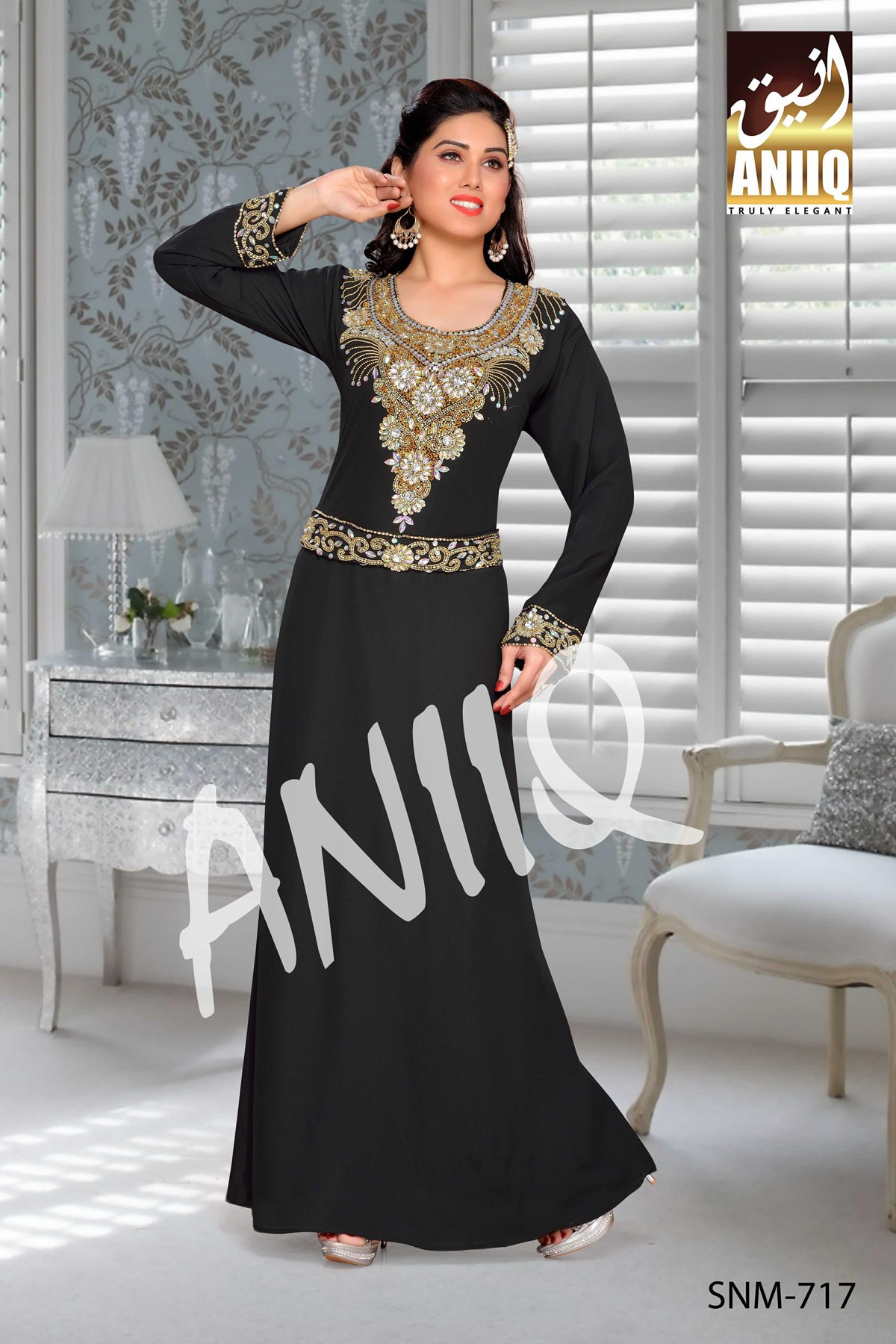 Black   Embroidered   Faux Georgette   Kaftan