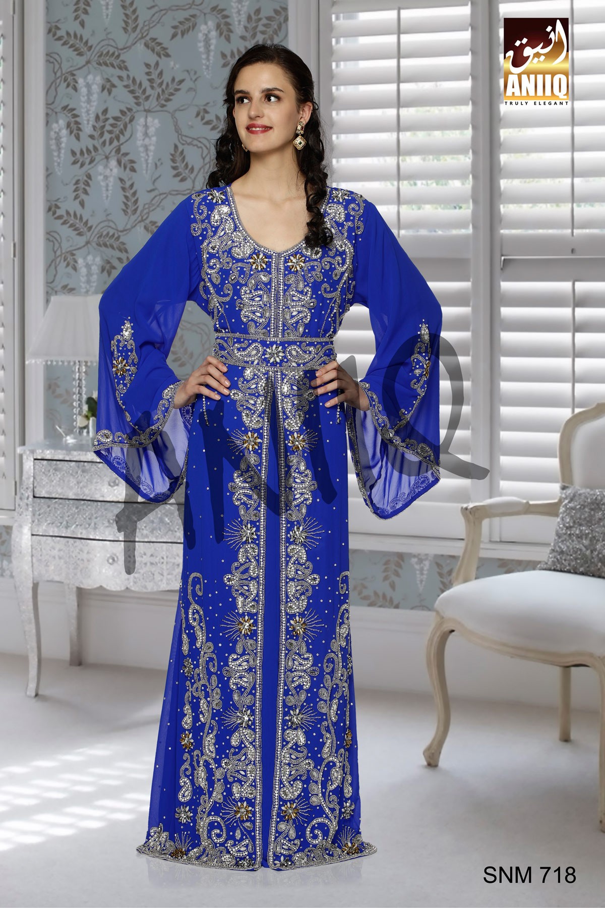 Royal Blue   Embroidered   Faux Georgette   Kaftan