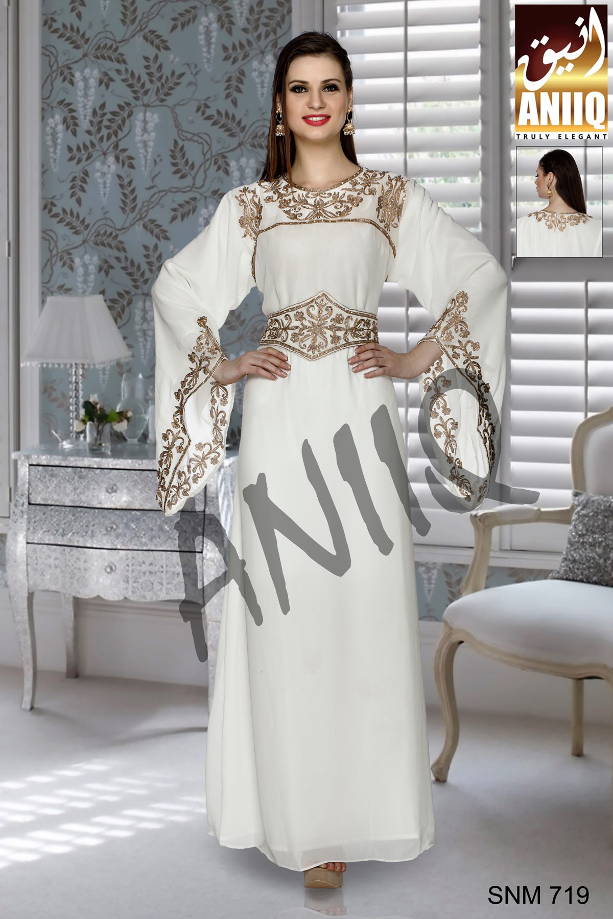 Off White   Embroidered   Faux Georgette   Kaftan