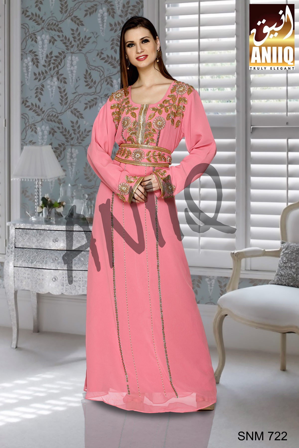 Pink   Embroidered   Faux Georgette   Kaftan