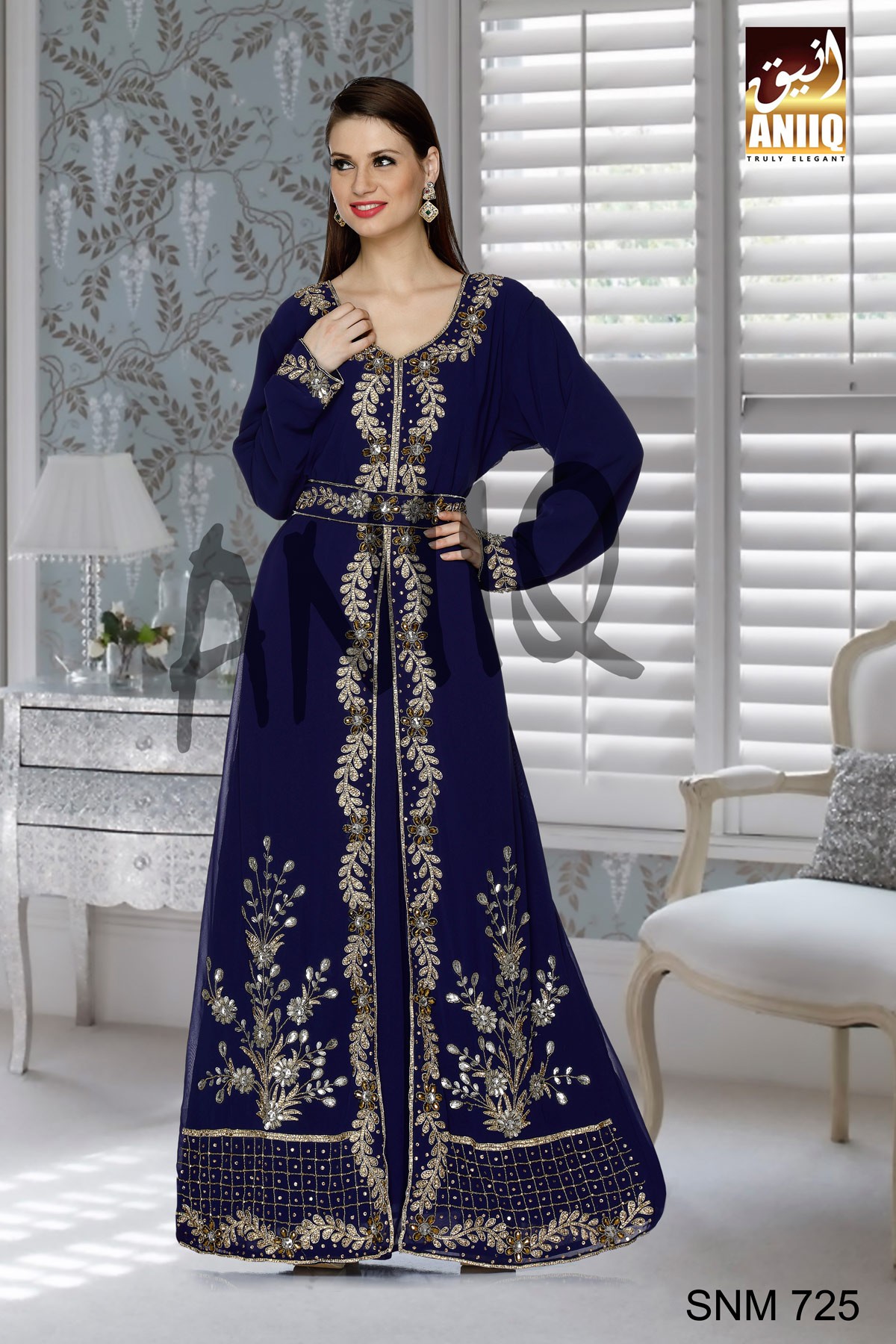 Navy Blue   Embroidered   Faux Georgette   Kaftan