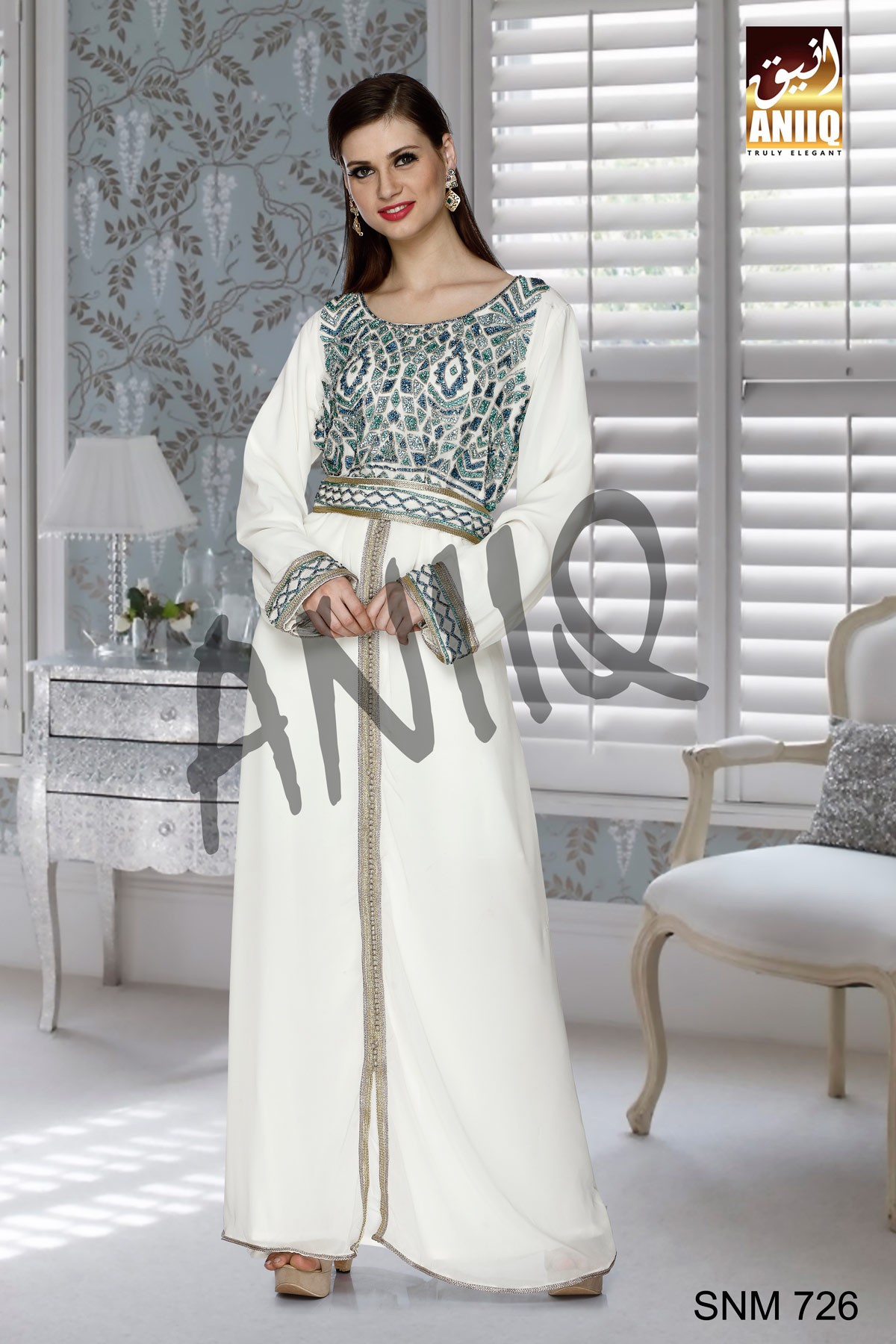 Off White   Embroidered   Faux Georgette   Kaftan