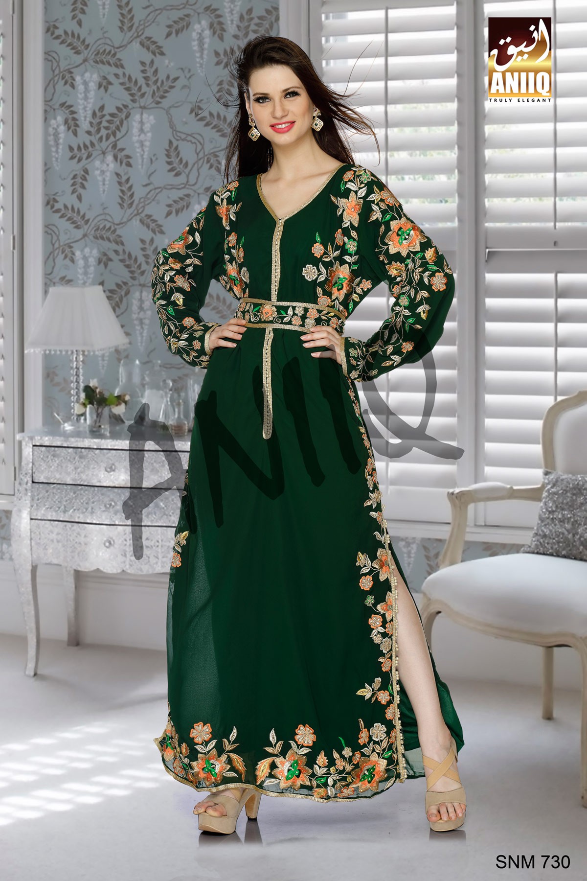 Bottle Green   Embroidered   Faux Georgette   Kaftan