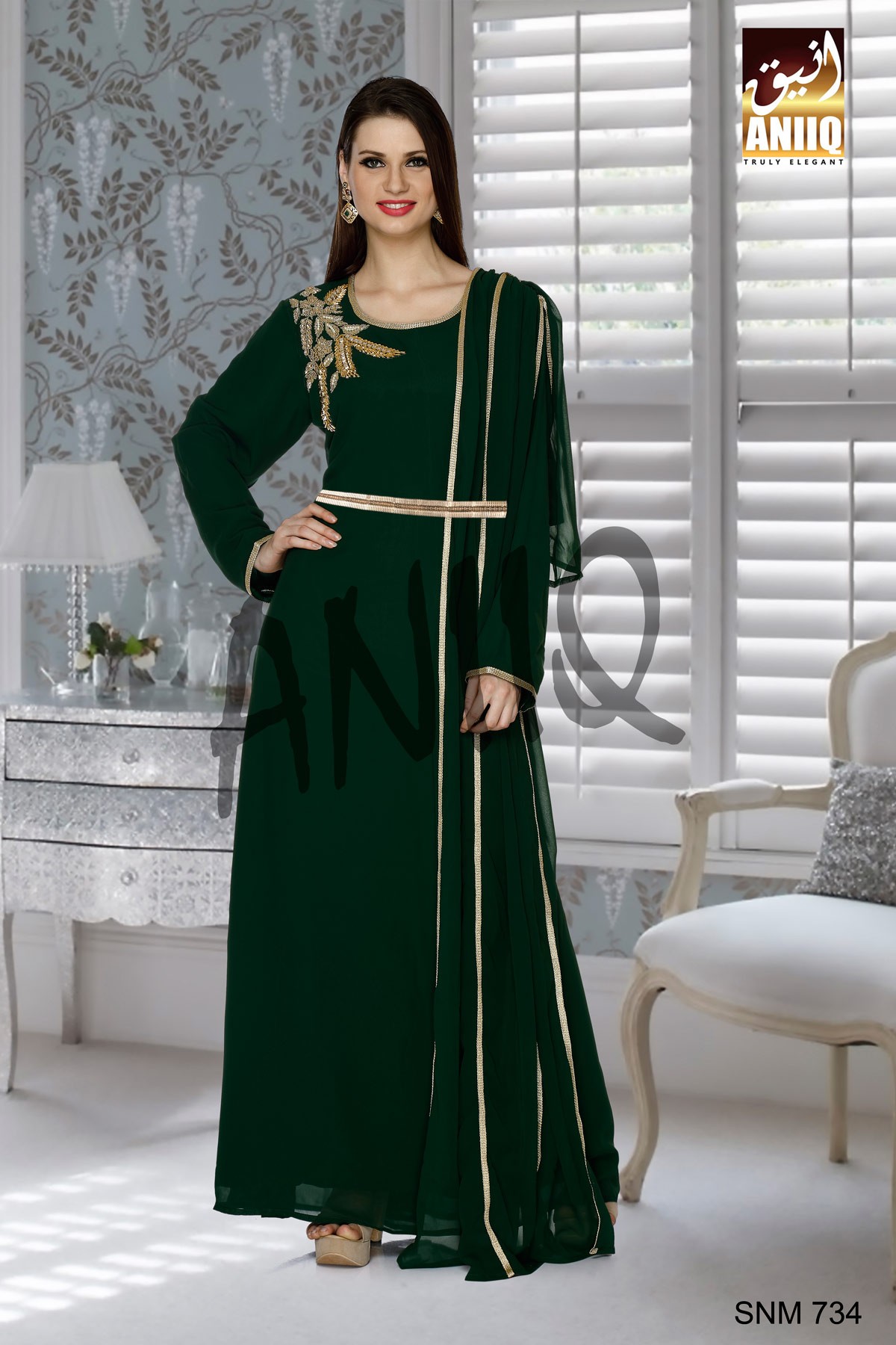 Bottle Green   Embroidered   Faux Georgette   Kaftan