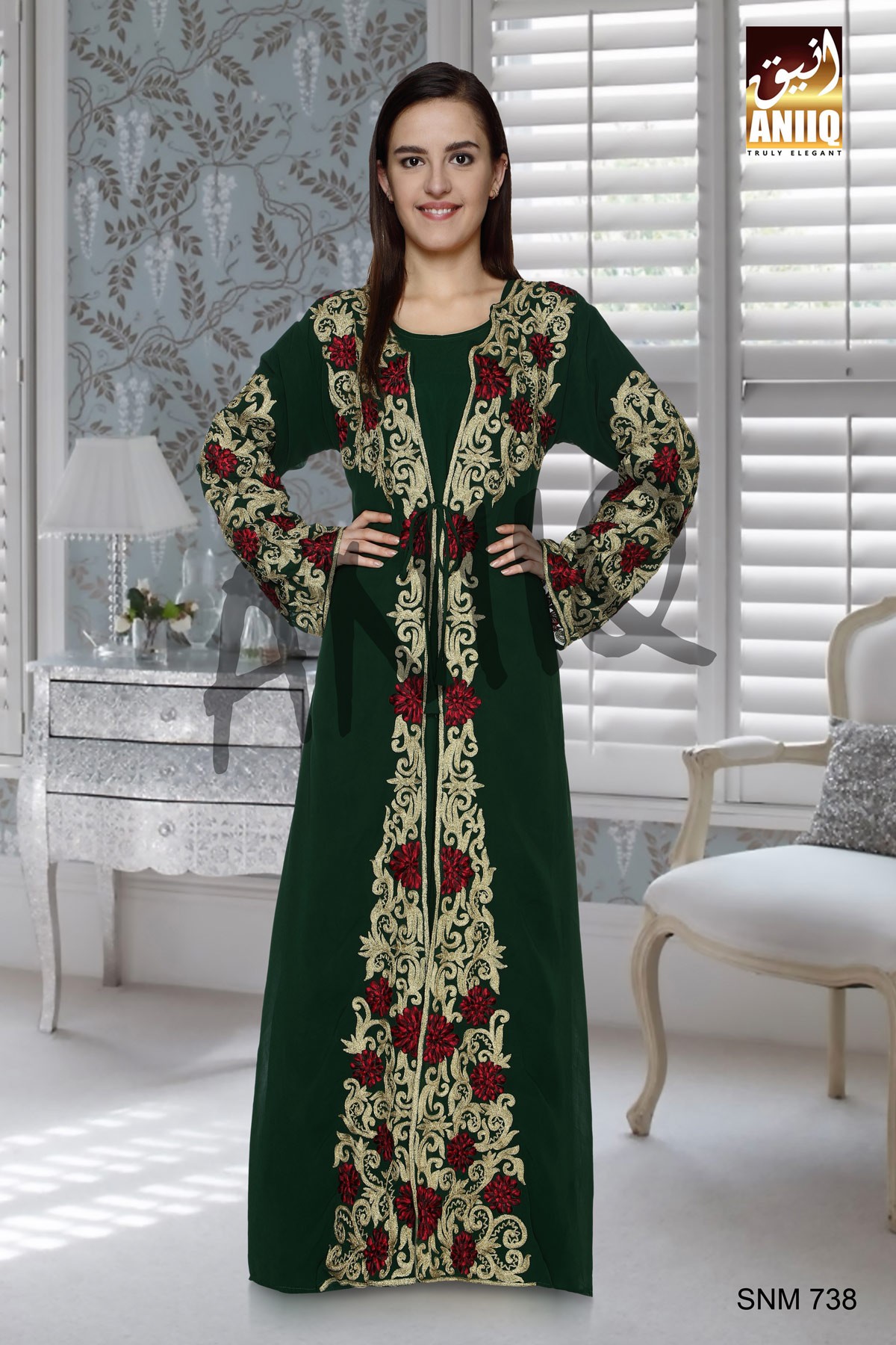 Bottle Green   Embroidered   Faux Georgette   Kaftan