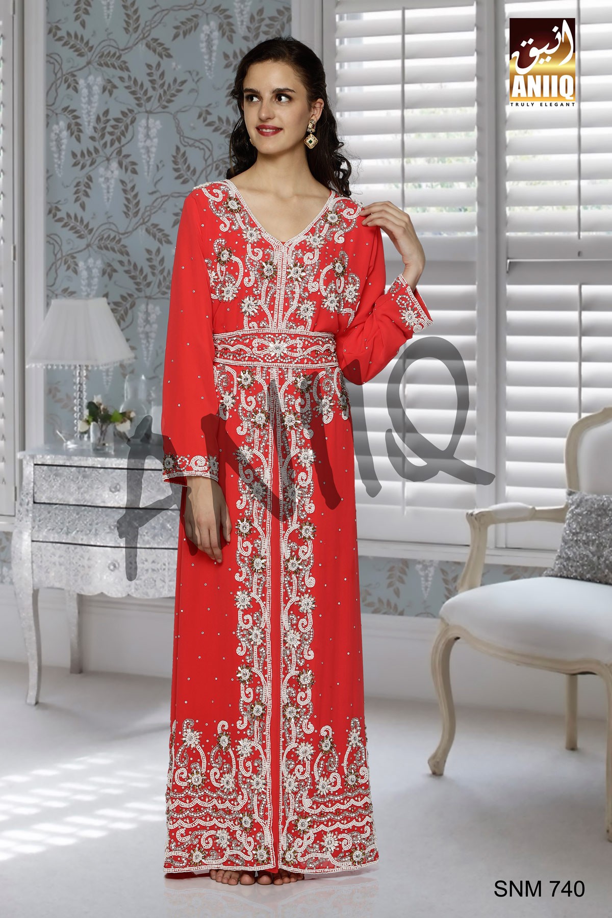 Coral   Embroidered   Faux Georgette   Kaftan