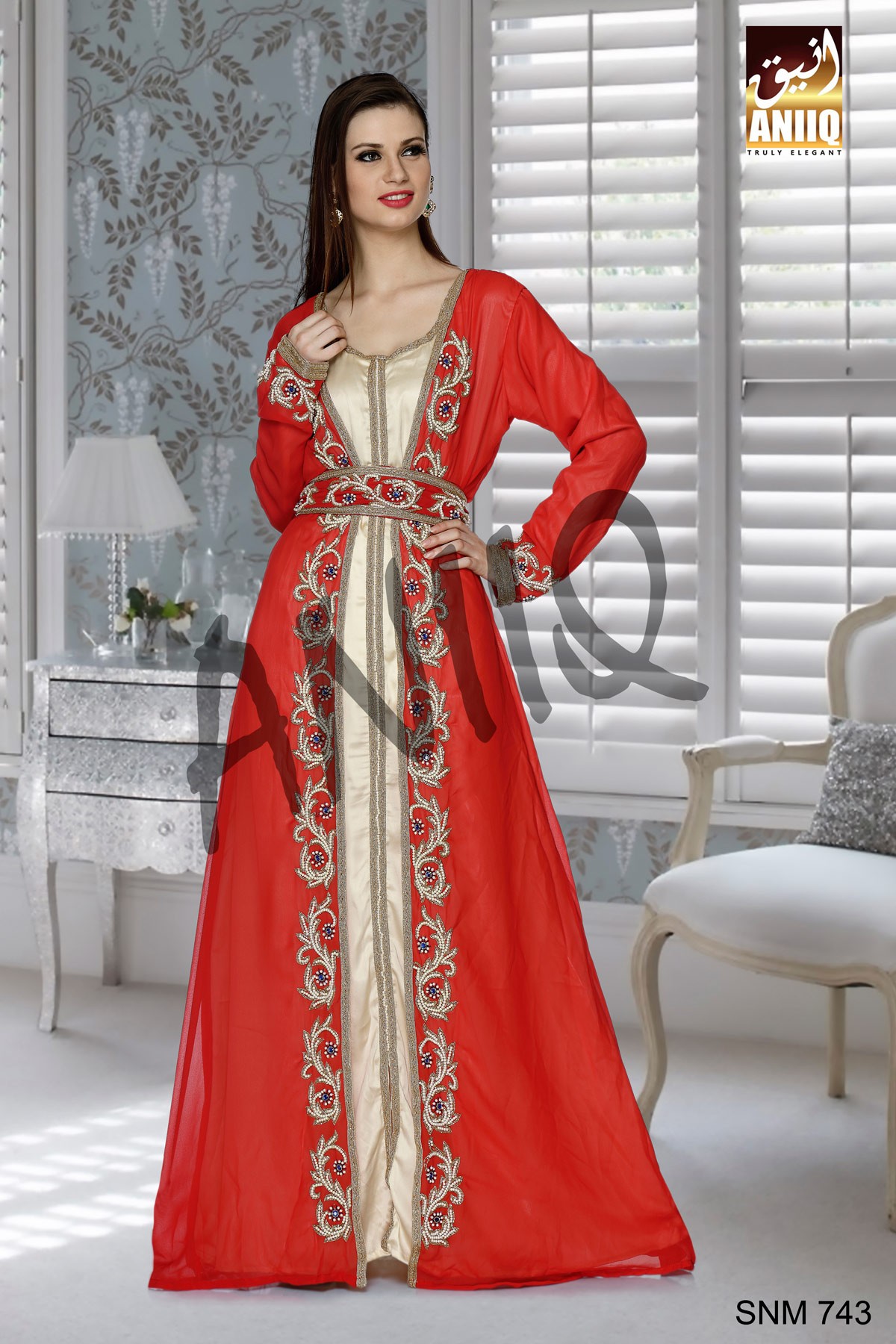 Red And Golden Satin   Embroidered   Faux Georgette And Satin   Kaftan