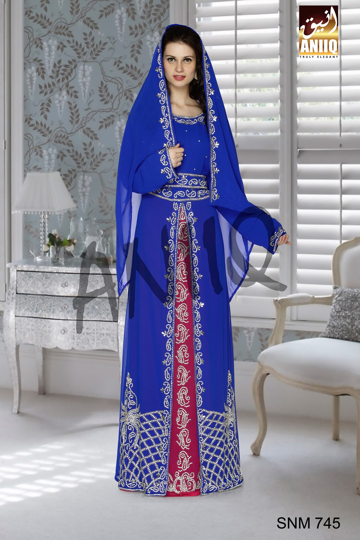 Royal Blue And Pink   Embroidered   Faux Georgette   Kaftan