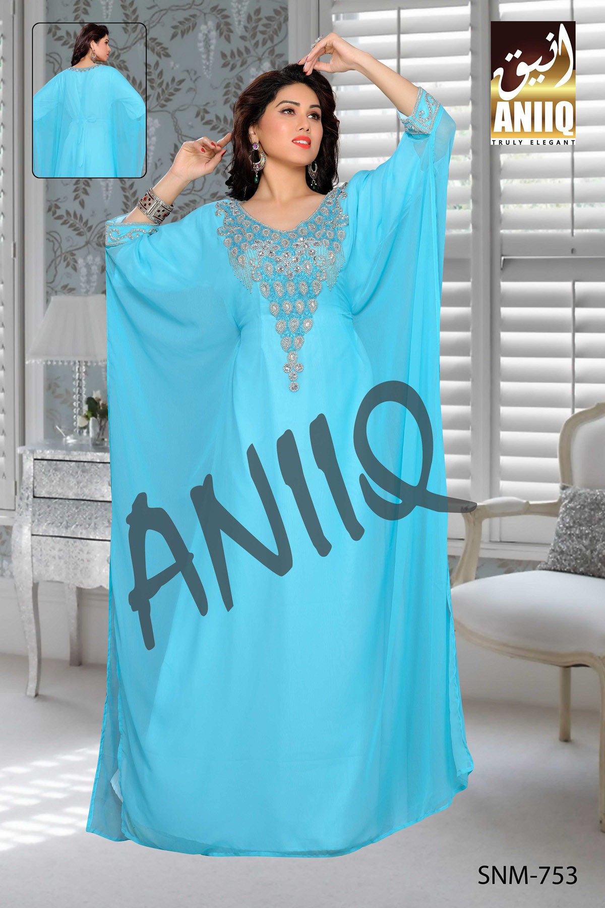 Blue   Embroidered   Faux Georgette   Farasha