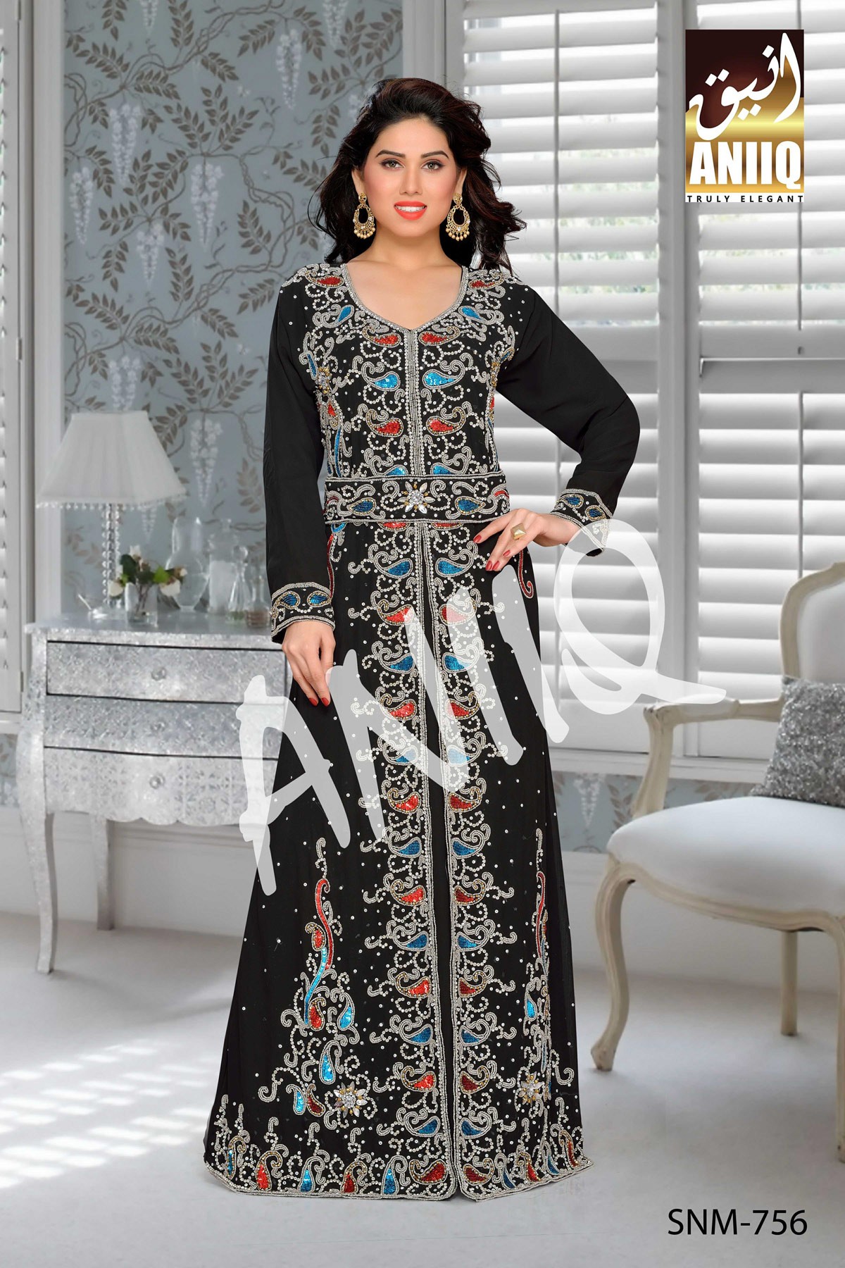 Black   Embroidered   Faux Georgette   Kaftan